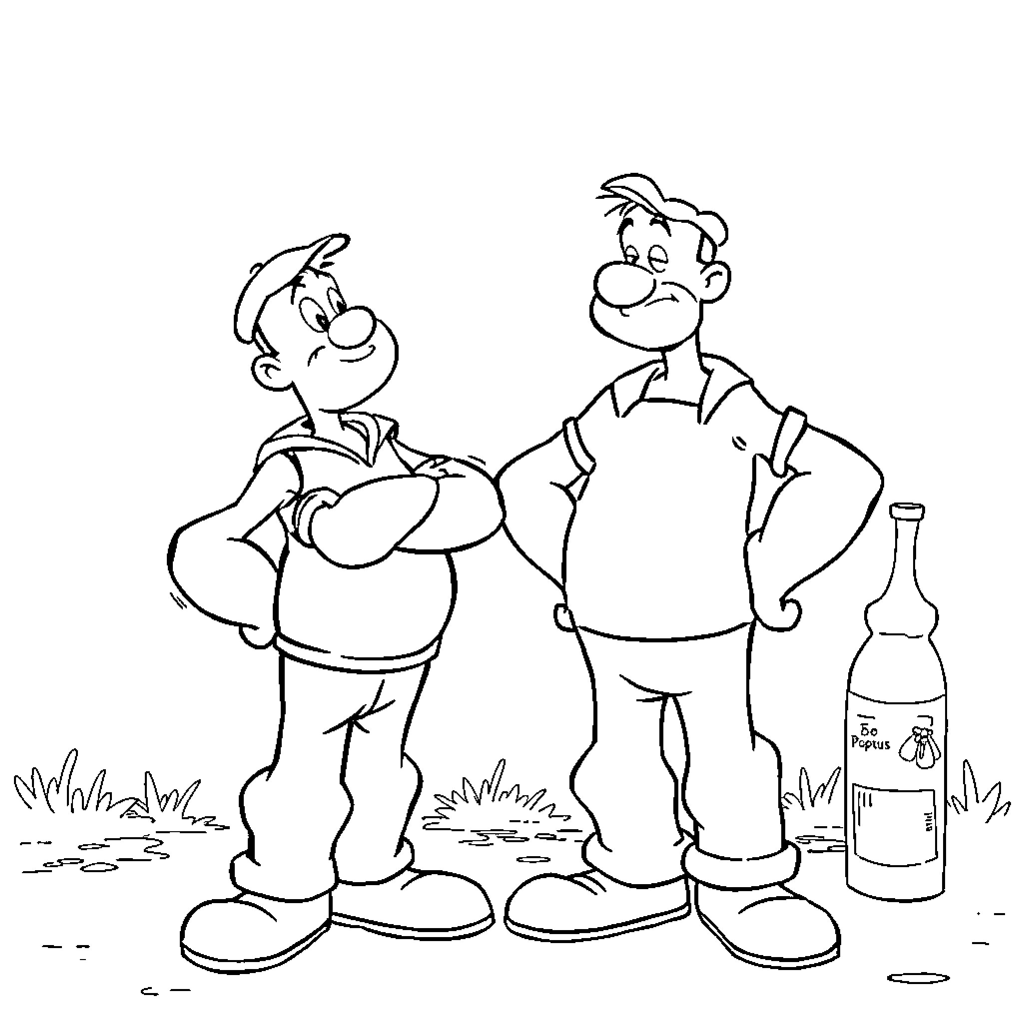 Popeye and Bluto's comical encounter Coloring Page (free black-and-white line drawing printable PDF for all, from beginners to advanced learners, including children, teens, adults, and seniors)