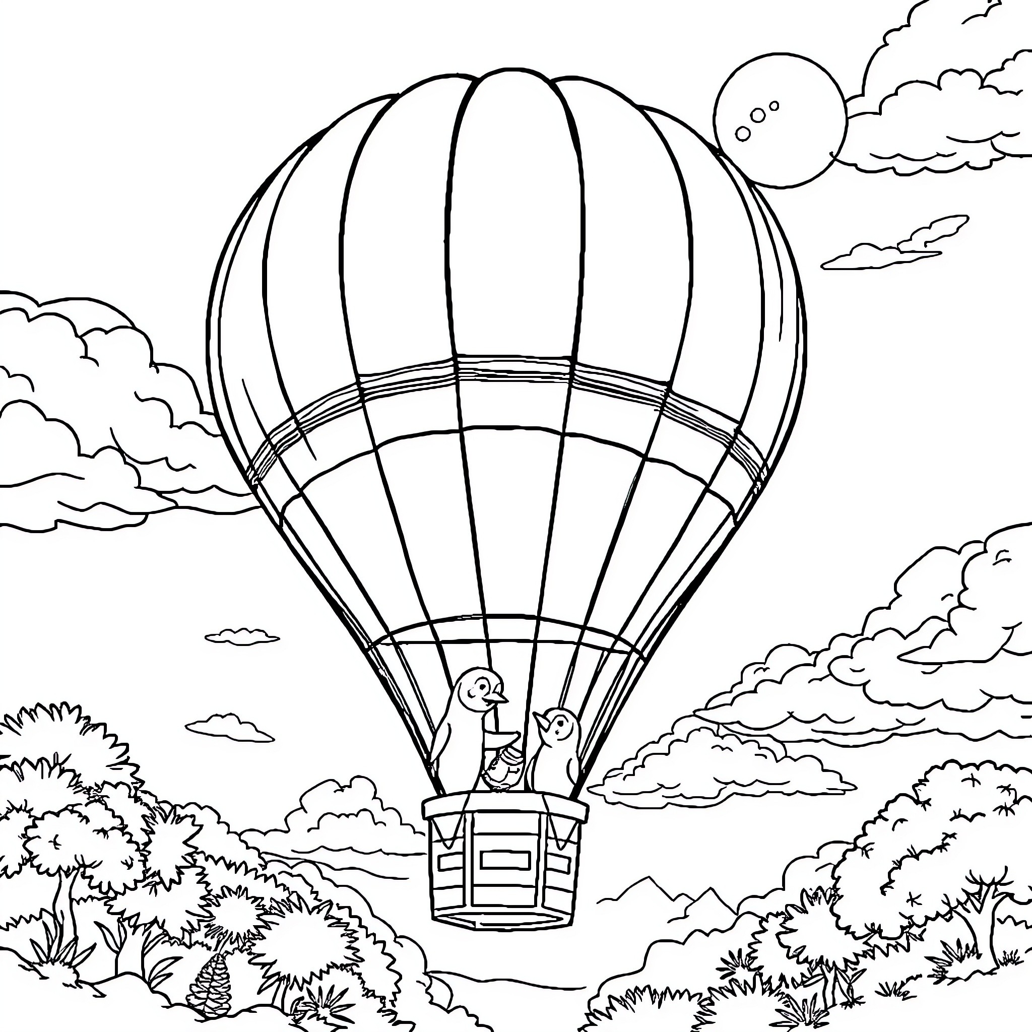 Balonudara floating in the sky above the forest Coloring Page (free black-and-white line drawing printable PDF for all, from beginners to advanced learners, including children, teens, adults, and seniors)