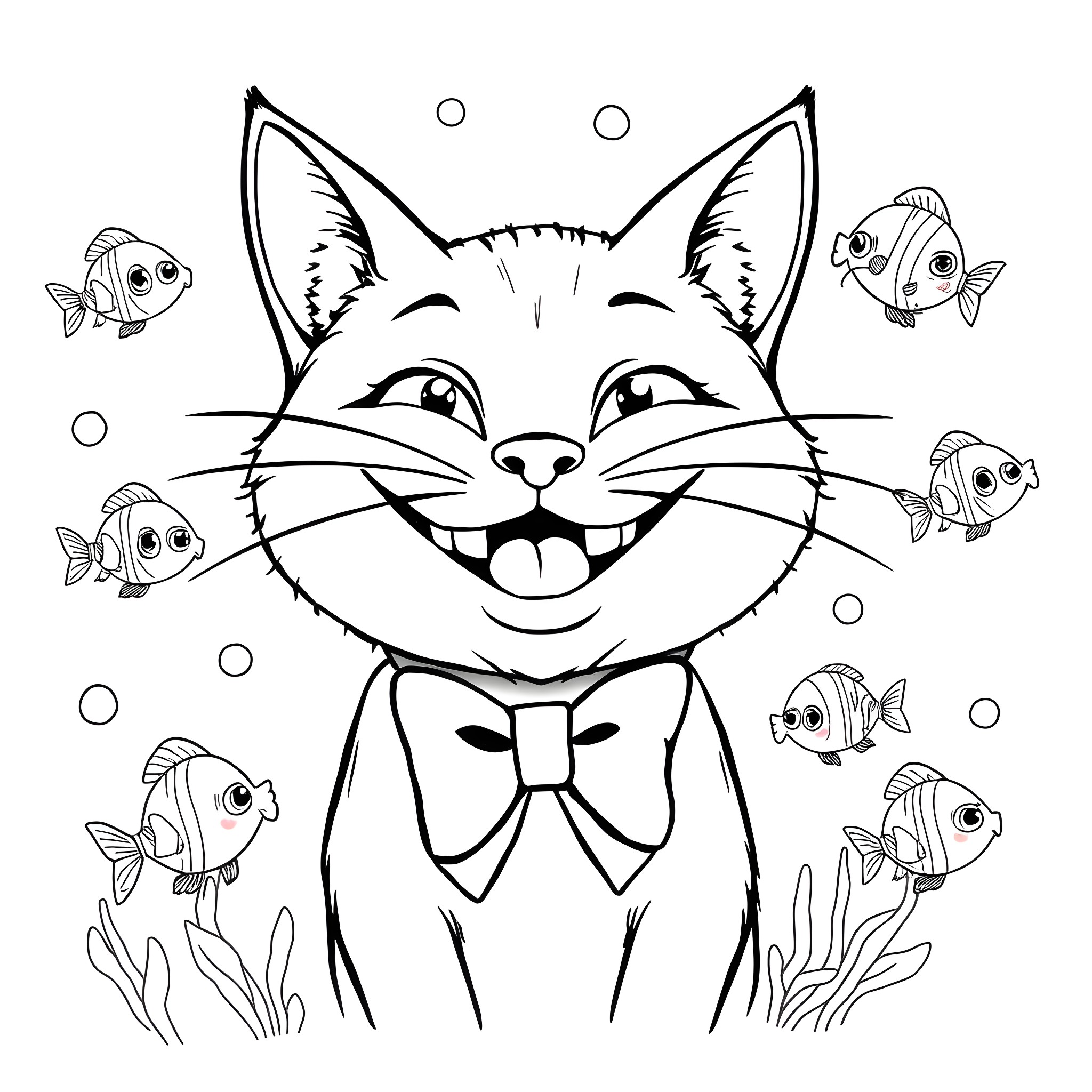Cat with a bow tie surrounded by fish Coloring Page (free black-and-white line drawing printable PDF for all, from beginners to advanced learners, including children, teens, adults, and seniors)