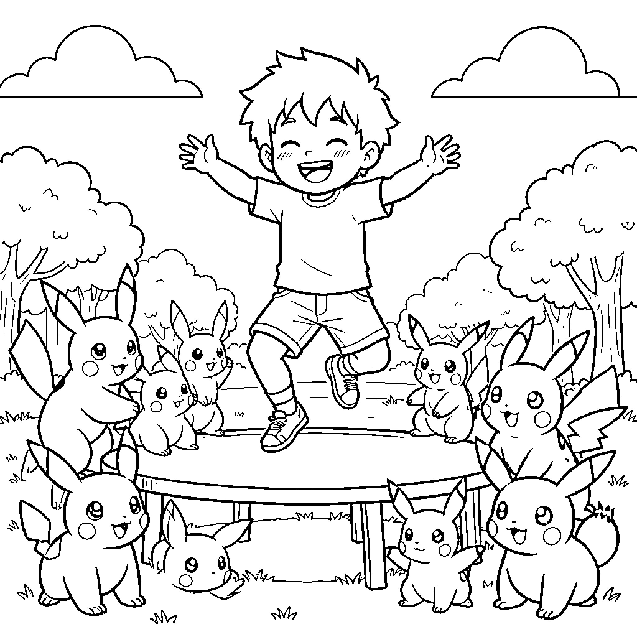 NeNe's Playful Adventure with Adorable Pokémon Coloring Page (free black-and-white line drawing printable PDF for all, from beginners to advanced learners, including children, teens, adults, and seniors)