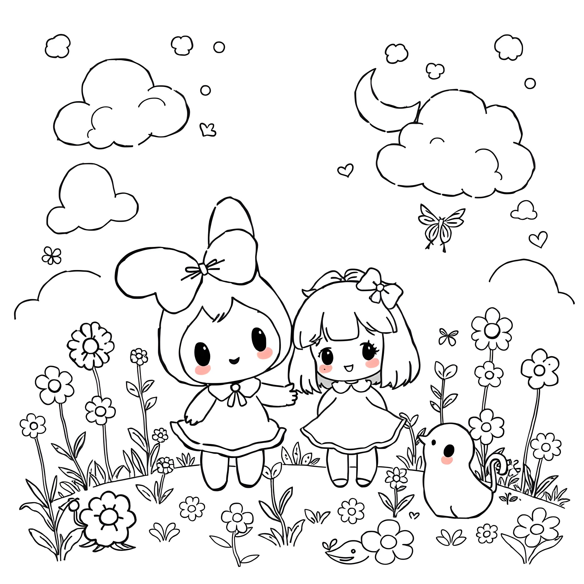 My Melody - Two girls playing in a flowery garden Coloring Page (free black-and-white line drawing printable PDF for all, from beginners to advanced learners, including children, teens, adults, and seniors)