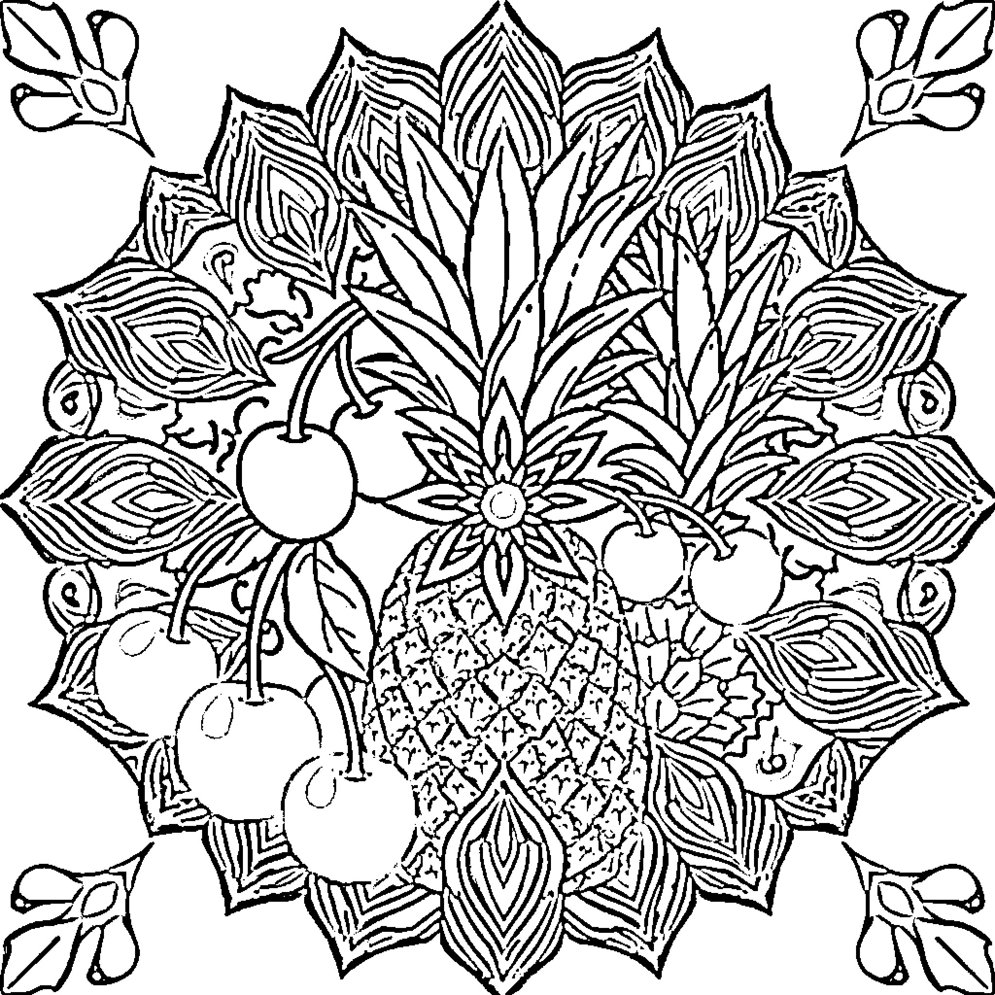 Mandala with intricate floral and fruit patterns Coloring Page (free black-and-white line drawing printable PDF for all, from beginners to advanced learners, including children, teens, adults, and seniors)