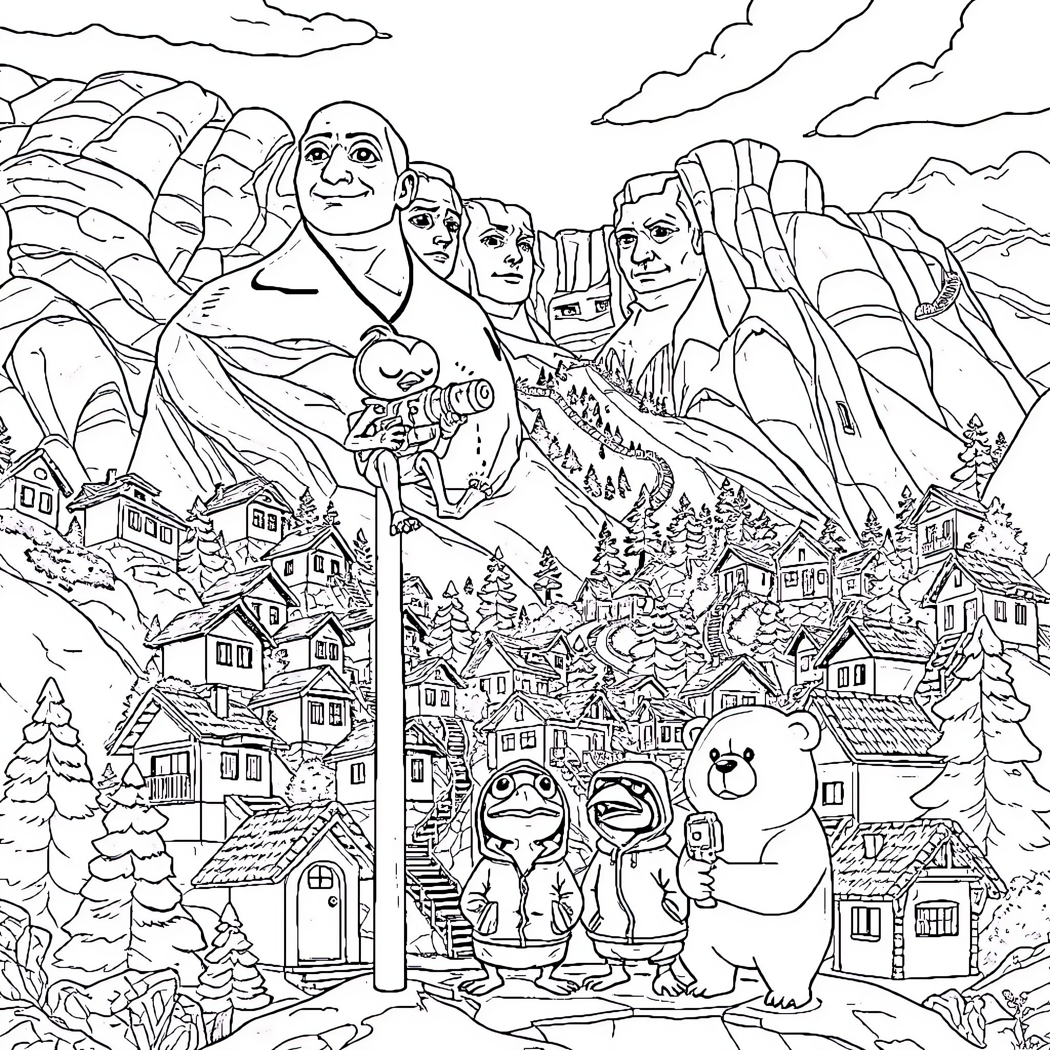 Pepe and Friends Explore Iconic Landmark Coloring Page (free black-and-white line drawing printable PDF for all, from beginners to advanced learners, including children, teens, adults, and seniors)
