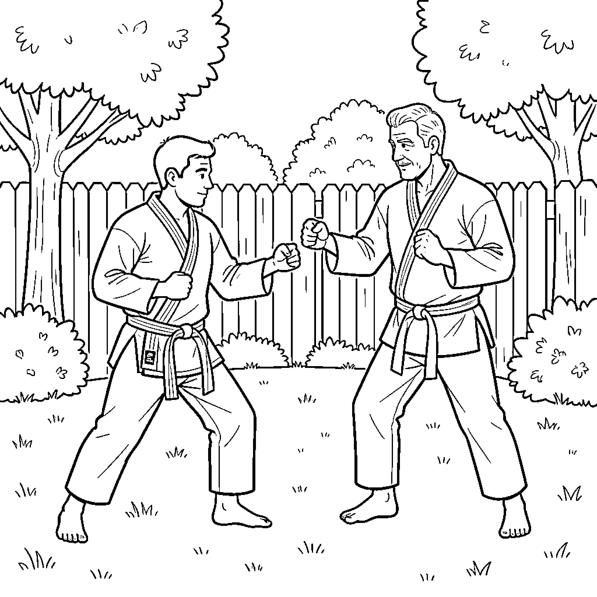Karate practitioners practicing martial arts in a garden Coloring Page (free black-and-white line drawing printable PDF for all, from beginners to advanced learners, including children, teens, adults, and seniors)