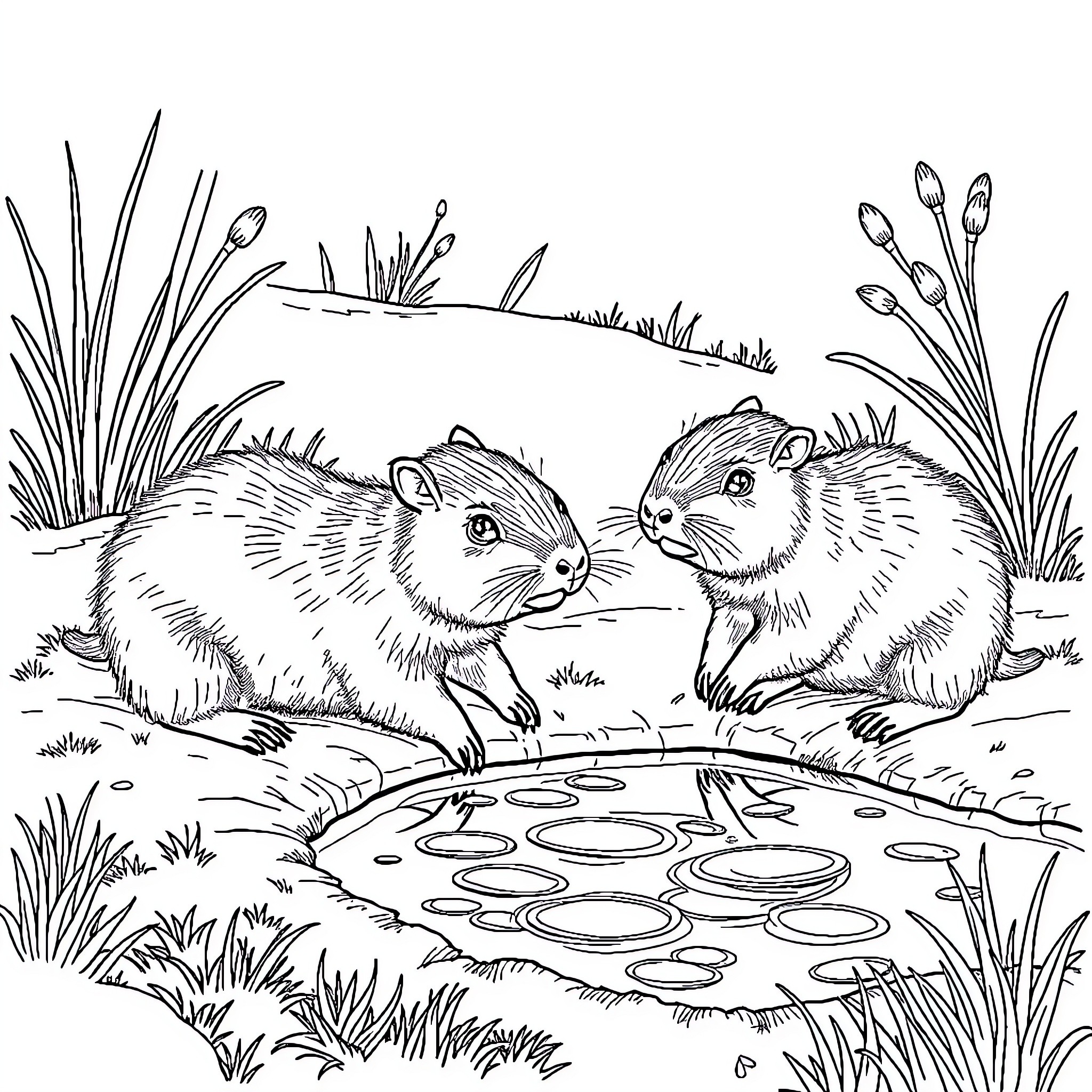 Capybara companions in natural habitat Coloring Page (free black-and-white line drawing printable PDF for all, from beginners to advanced learners, including children, teens, adults, and seniors)
