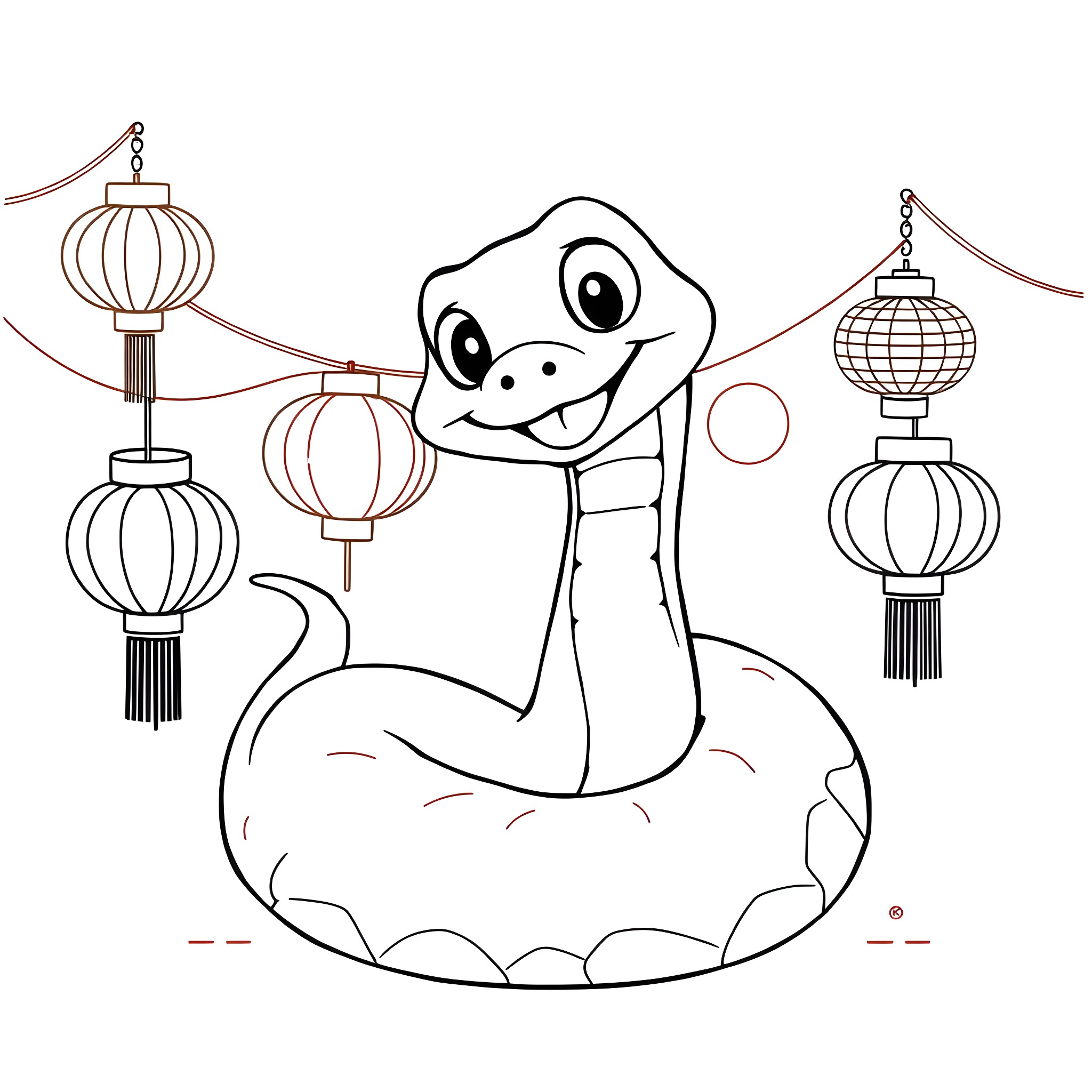 Snake surrounded by Chinese lanterns Coloring Page (free black-and-white line drawing printable PDF for all, from beginners to advanced learners, including children, teens, adults, and seniors)