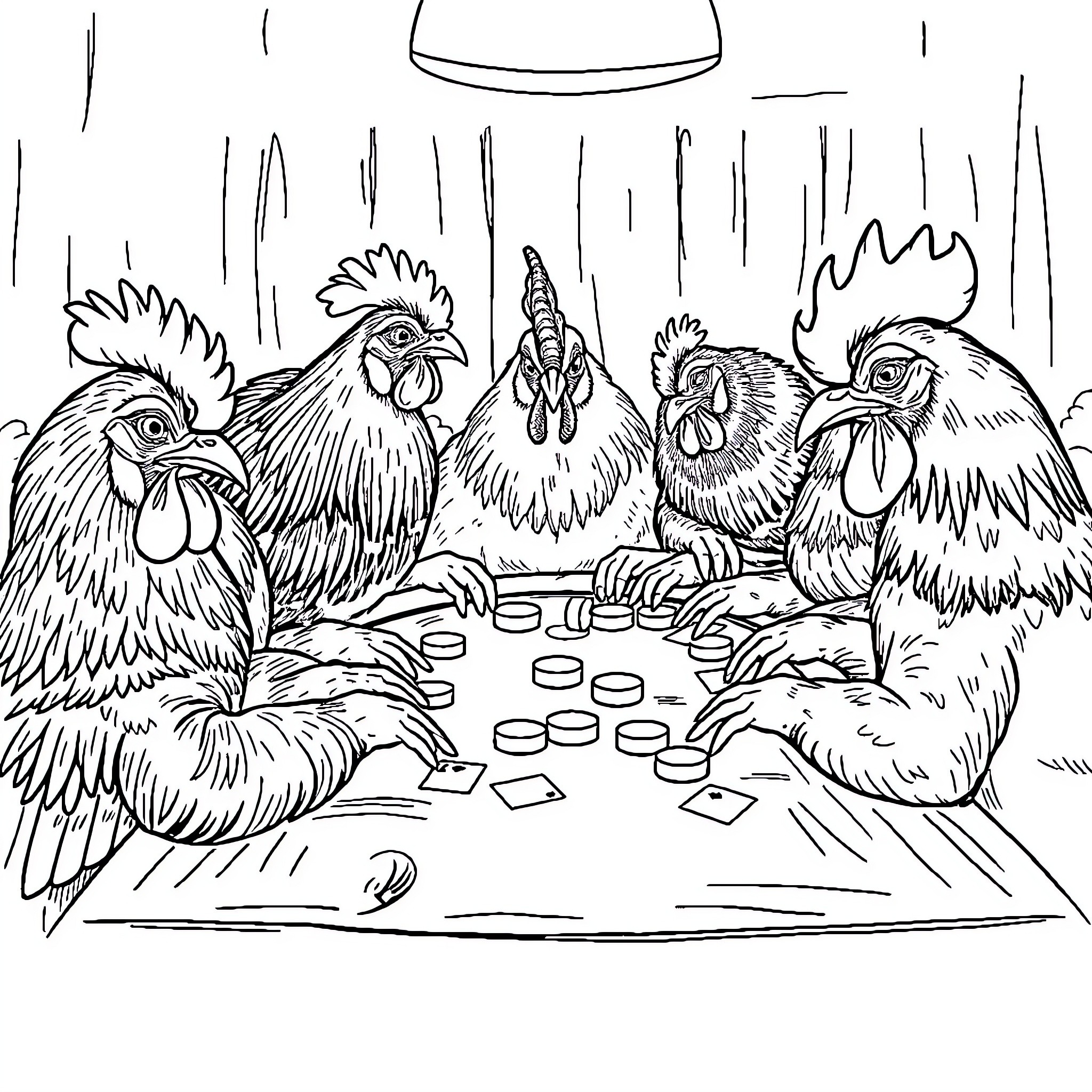 Chickens playing a card game together Coloring Page (free black-and-white line drawing printable PDF for all, from beginners to advanced learners, including children, teens, adults, and seniors)