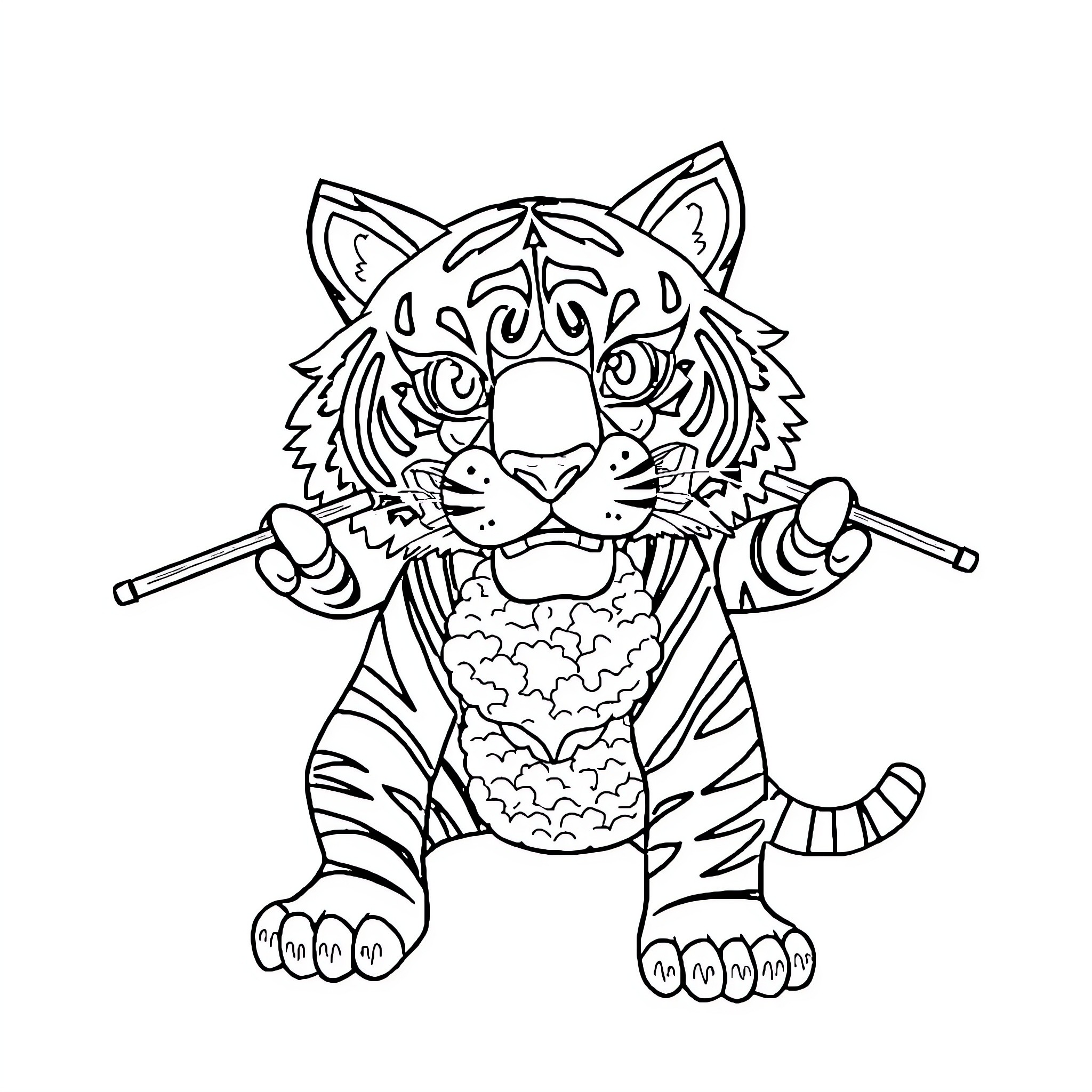 Tiger wielding dual batons in ornate design Coloring Page (free black-and-white line drawing printable PDF for all, from beginners to advanced learners, including children, teens, adults, and seniors)