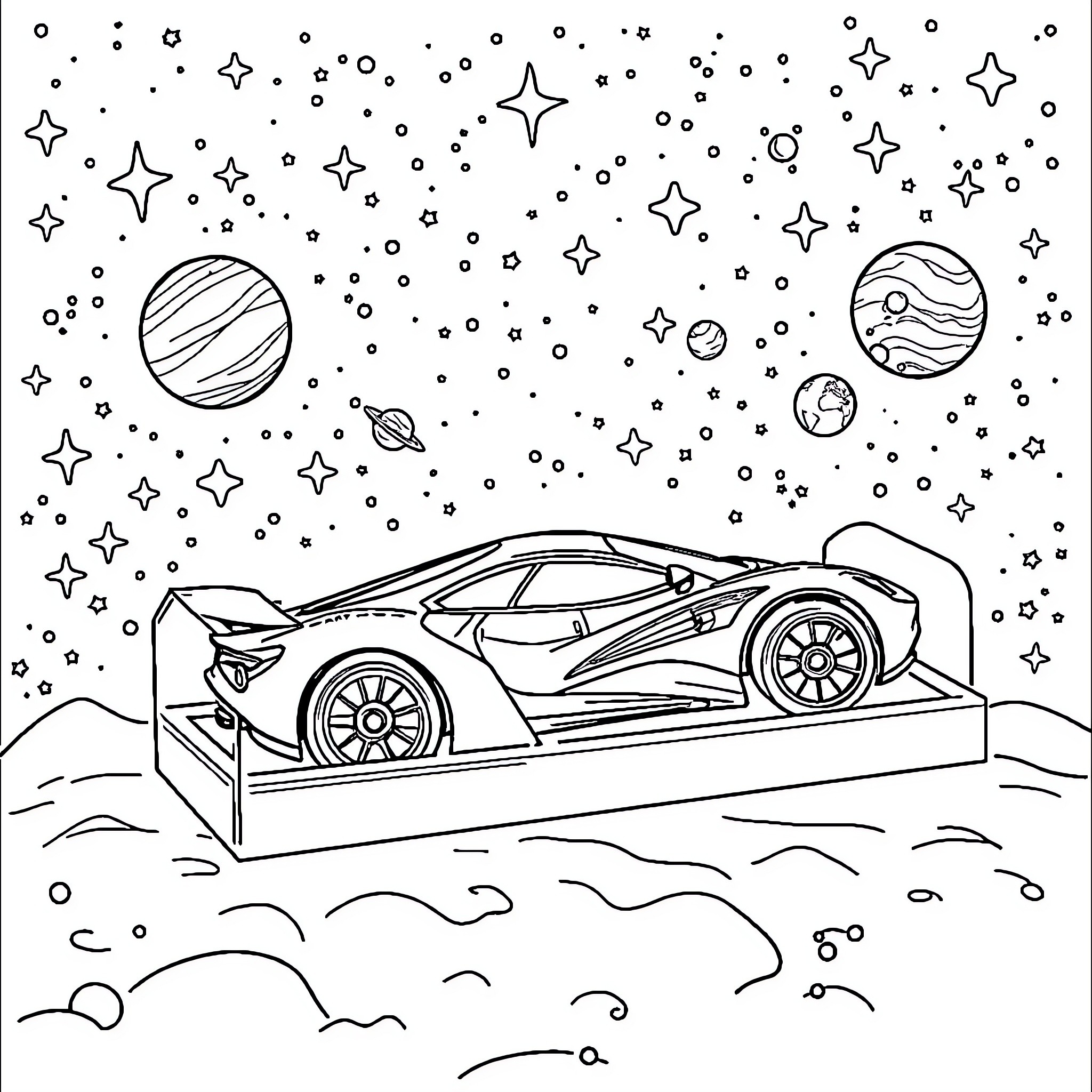Hotwheels Car Racing Through Cosmic Landscape Coloring Page (free black-and-white line drawing printable PDF for all, from beginners to advanced learners, including children, teens, adults, and seniors)