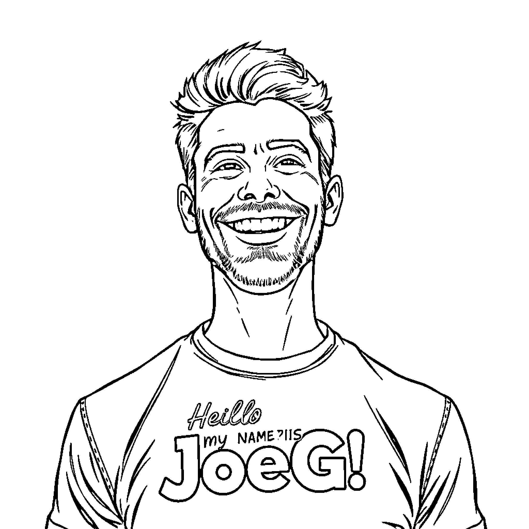Guy happily introducing himself with text on shirt Coloring Page (free black-and-white line drawing printable PDF for all, from beginners to advanced learners, including children, teens, adults, and seniors)