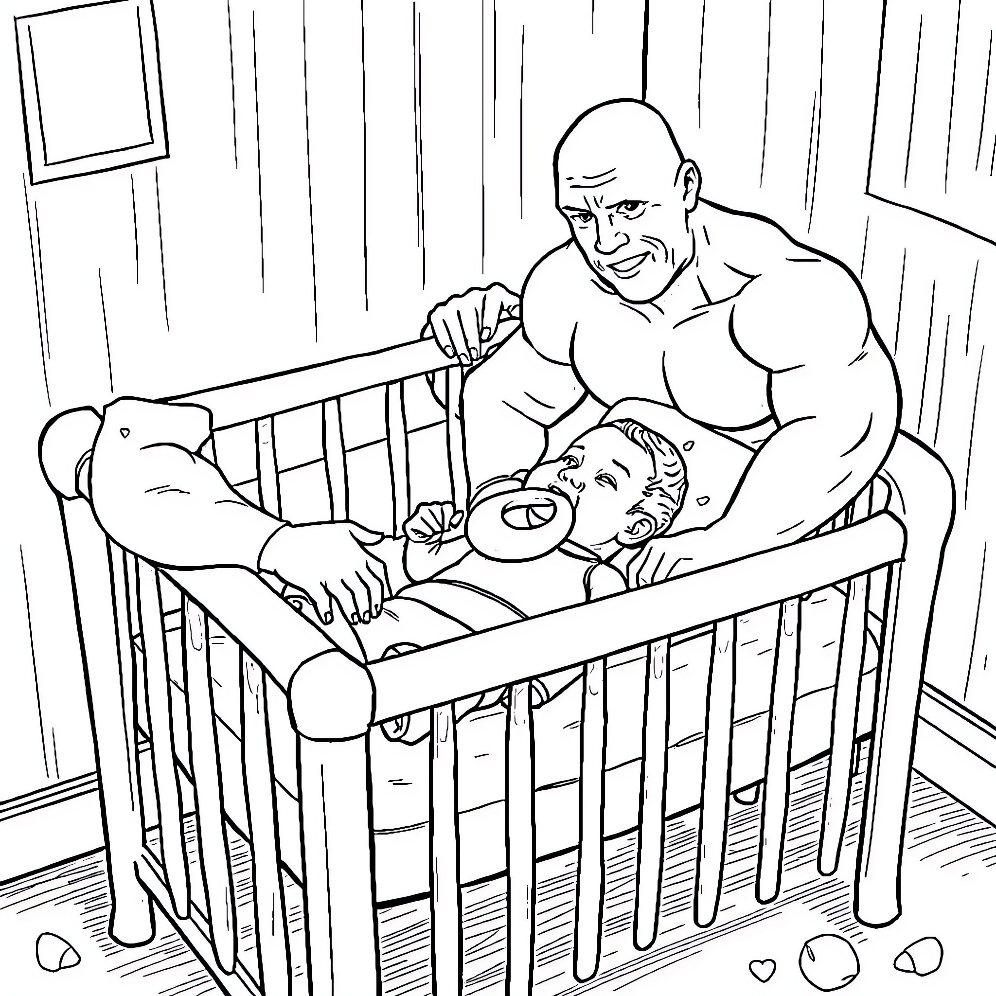 Baby held in strong father's arms Coloring Page (free black-and-white line drawing printable PDF for all, from beginners to advanced learners, including children, teens, adults, and seniors)