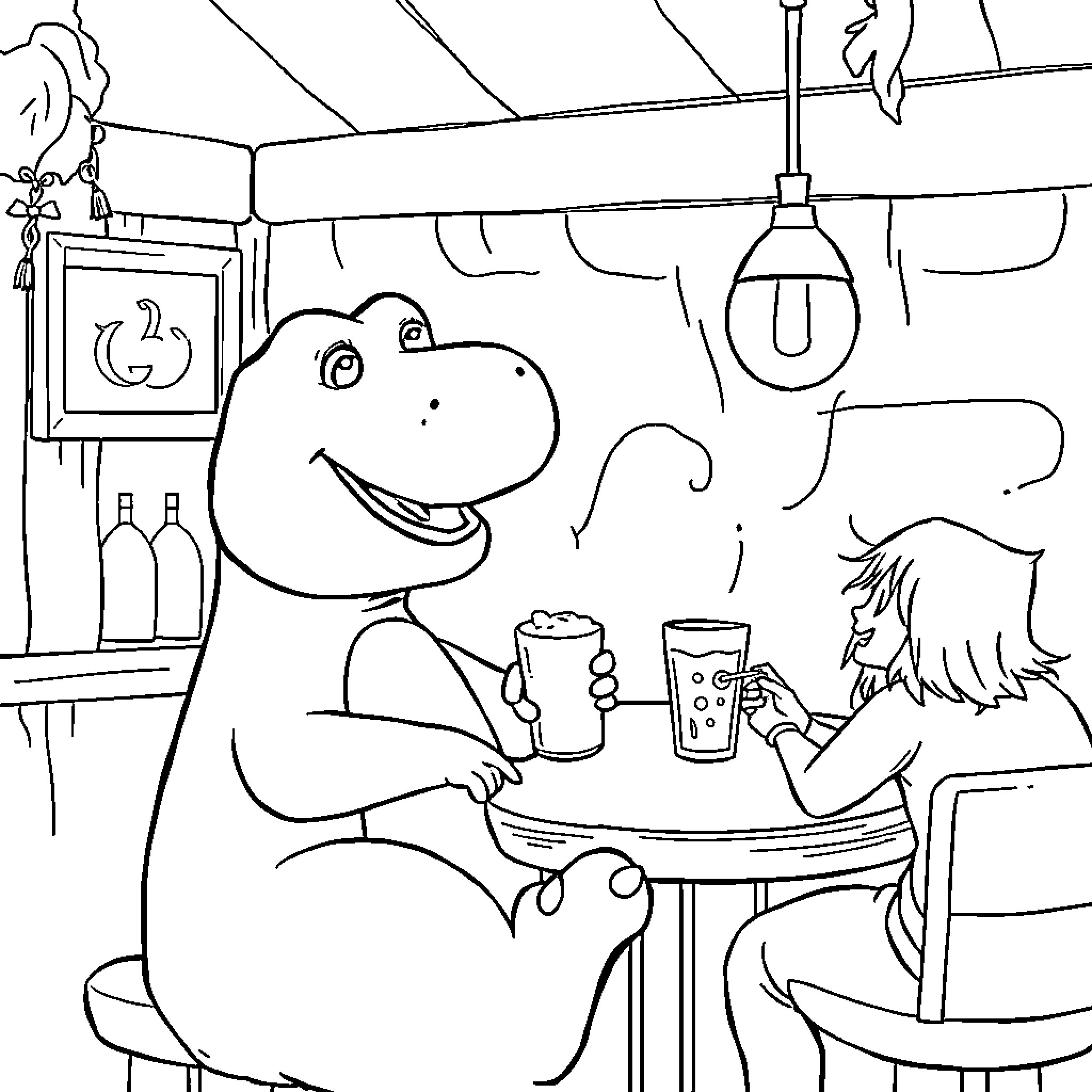 Barney enjoying drinks with friend in a cafe Coloring Page (free black-and-white line drawing printable PDF for all, from beginners to advanced learners, including children, teens, adults, and seniors)