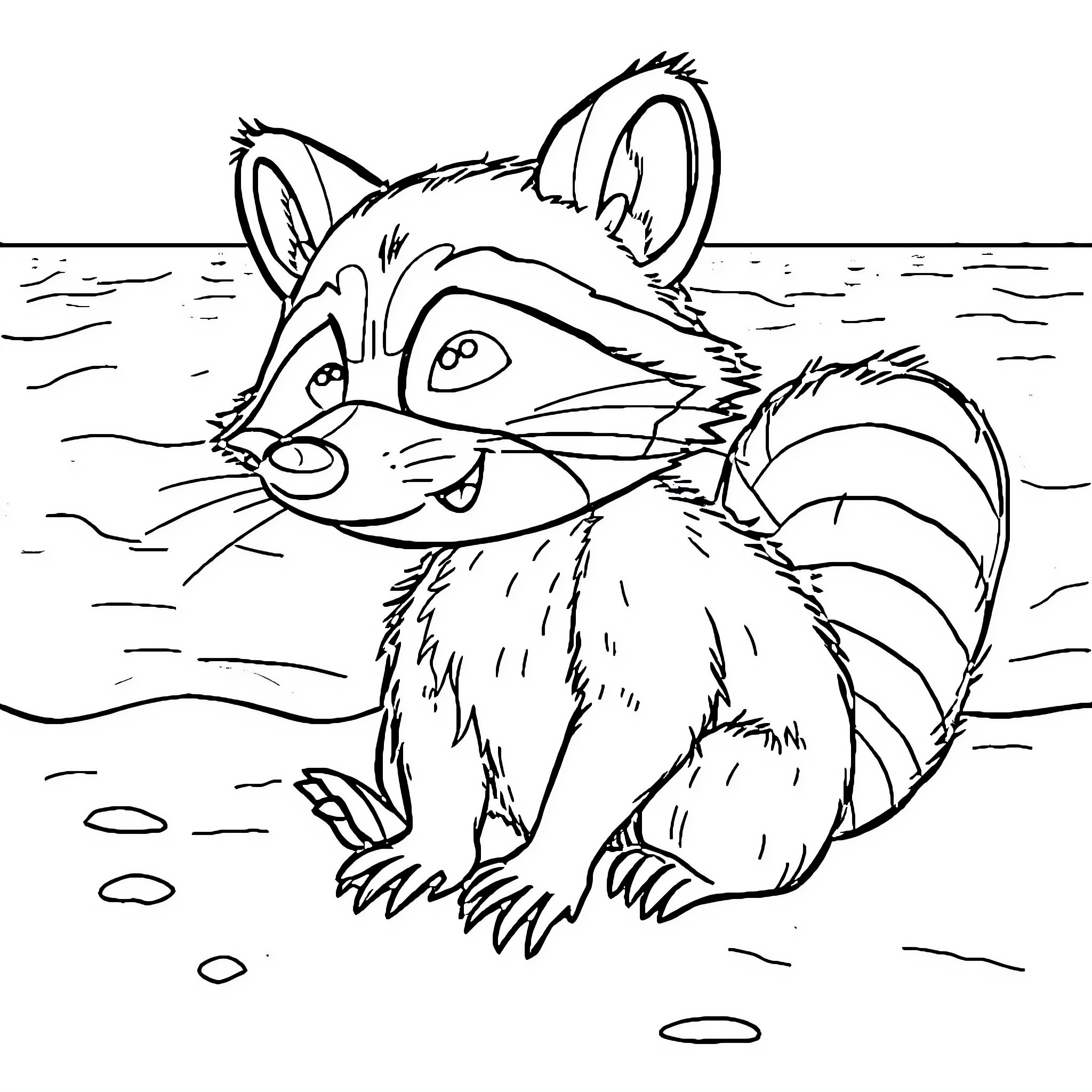 Raccoon exploring the riverbank Coloring Page (free black-and-white line drawing printable PDF for all, from beginners to advanced learners, including children, teens, adults, and seniors)