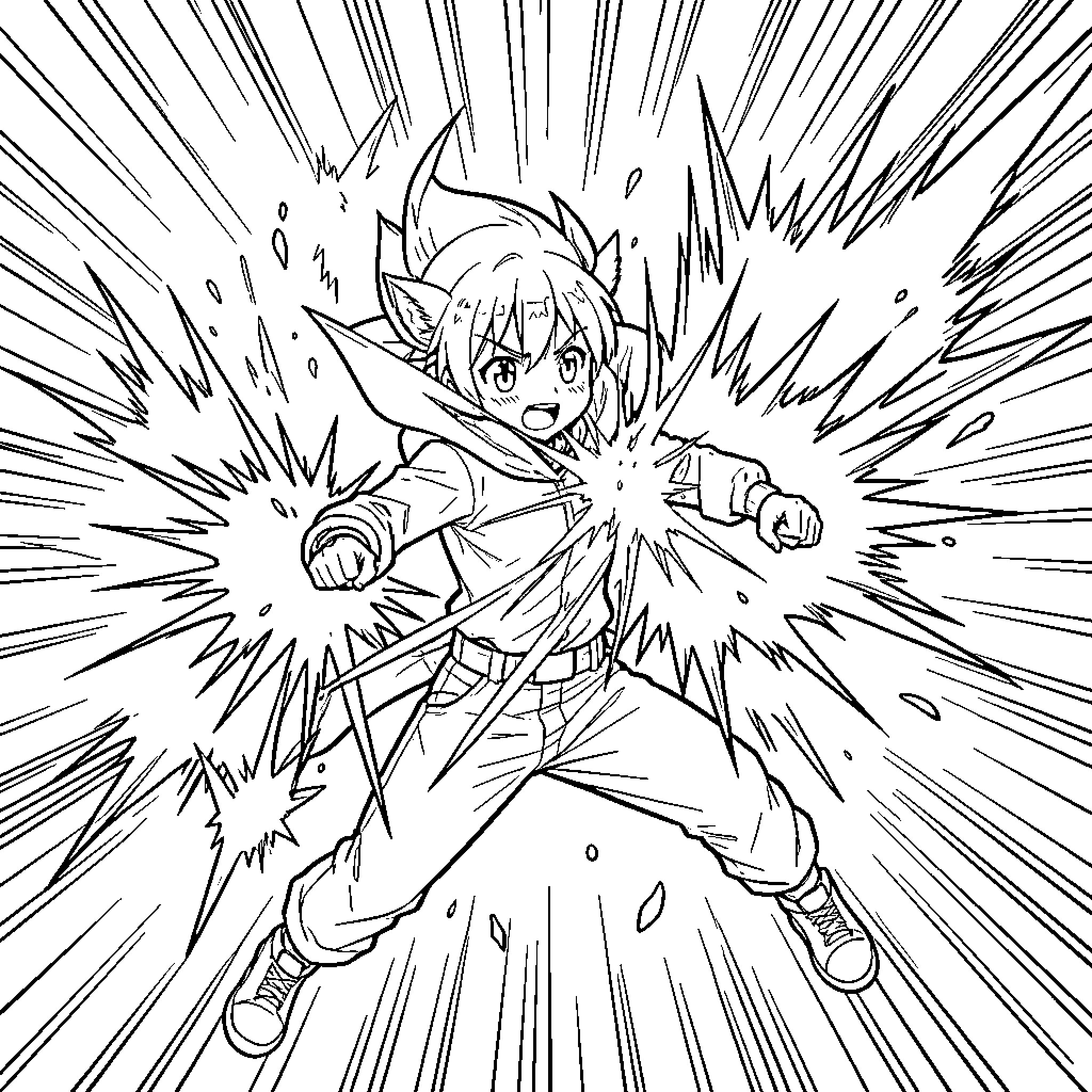 Anime Character in Explosive Combat Pose Coloring Page (free black-and-white line drawing printable PDF for all, from beginners to advanced learners, including children, teens, adults, and seniors)