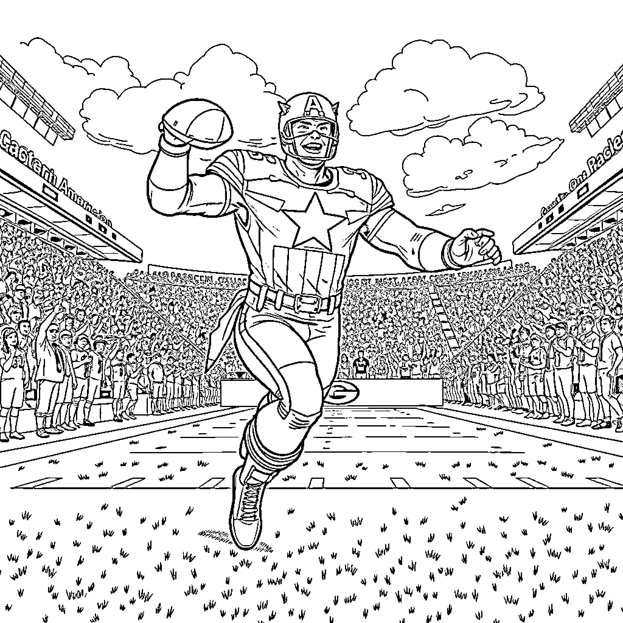 Captain America Triumphantly Entering the Stadium Coloring Page (free black-and-white line drawing printable PDF for all, from beginners to advanced learners, including children, teens, adults, and seniors)