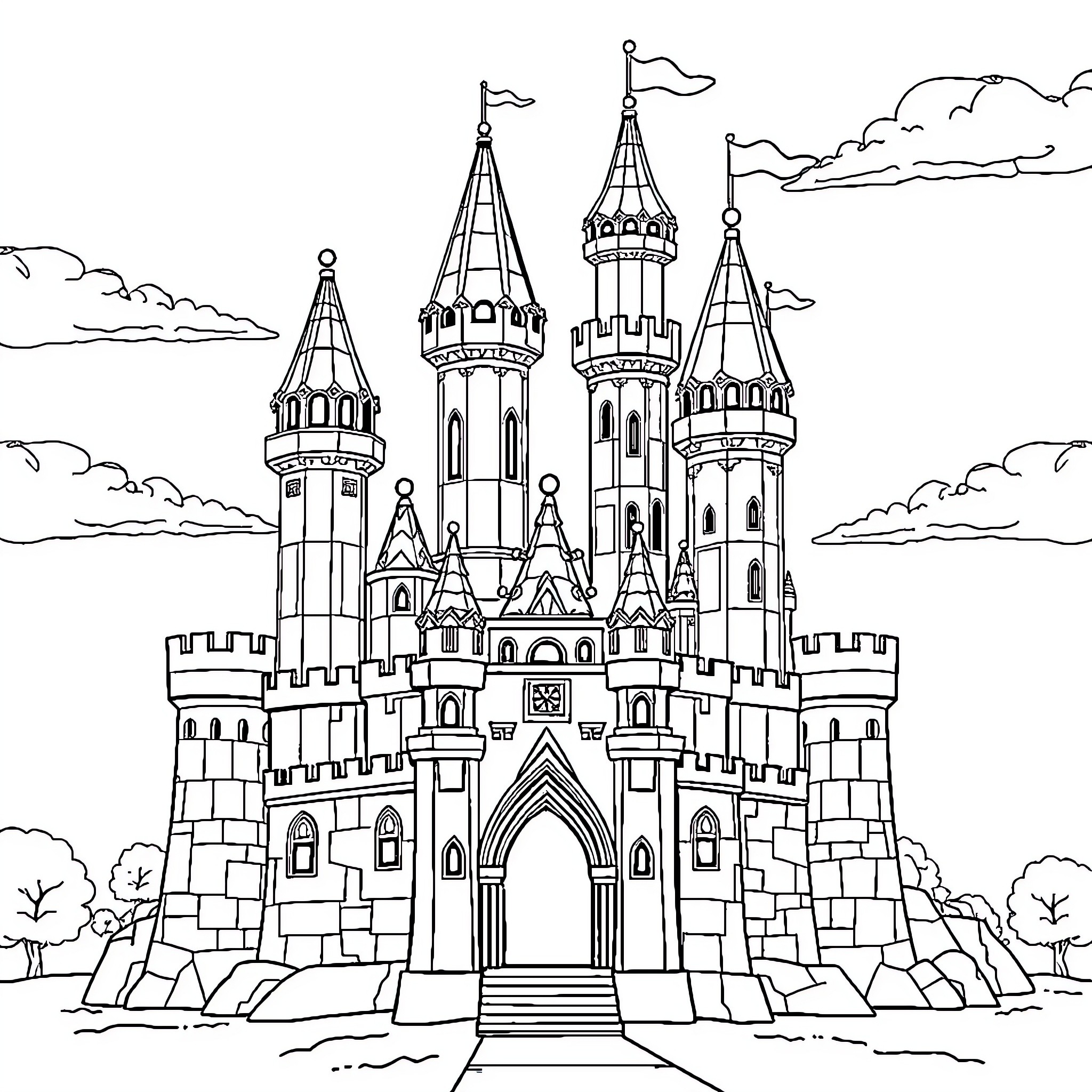 Castle with Majestic Spires and Flags Coloring Page (free black-and-white line drawing printable PDF for all, from beginners to advanced learners, including children, teens, adults, and seniors)