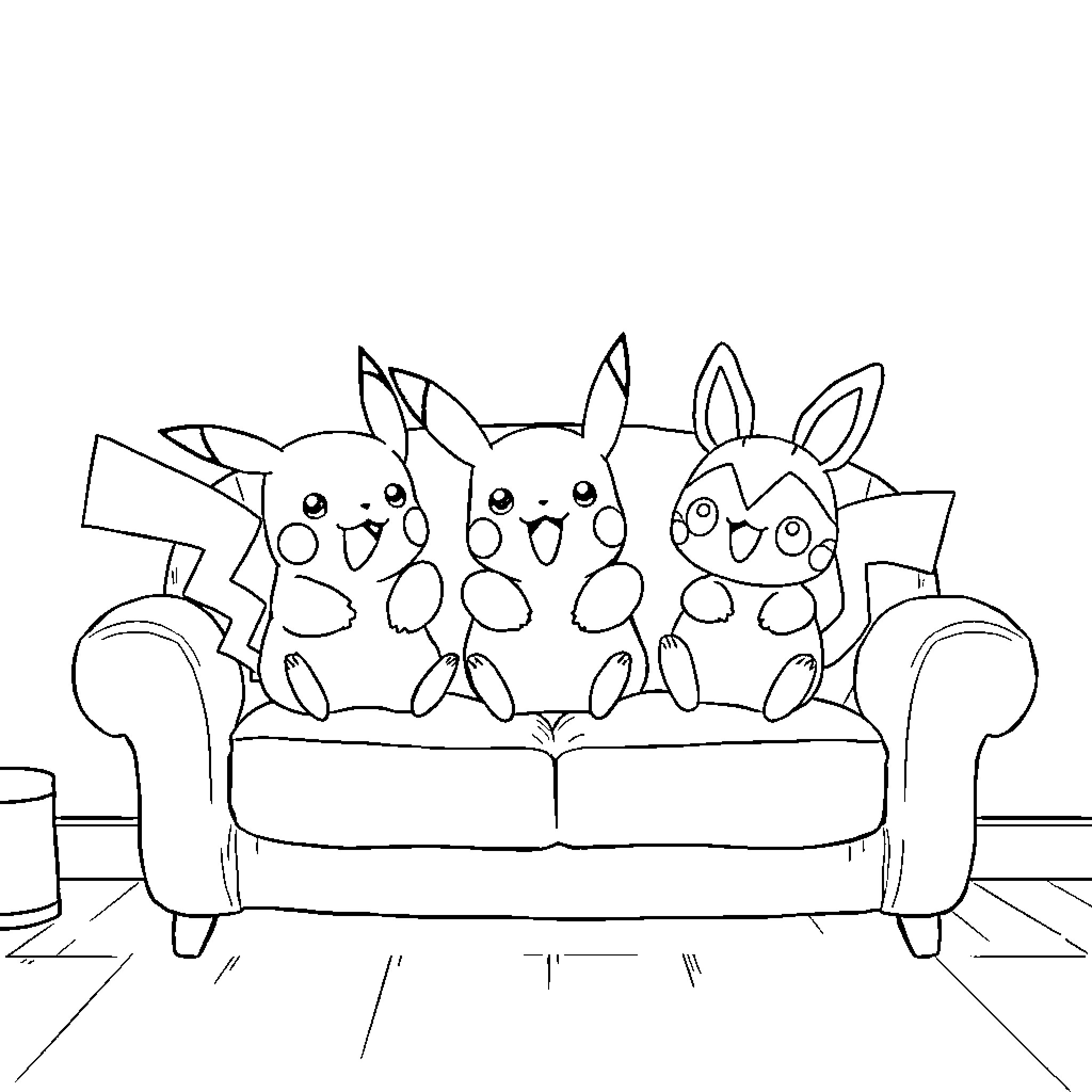Pikachu and friends relaxing on a couch Coloring Page (free black-and-white line drawing printable PDF for all, from beginners to advanced learners, including children, teens, adults, and seniors)