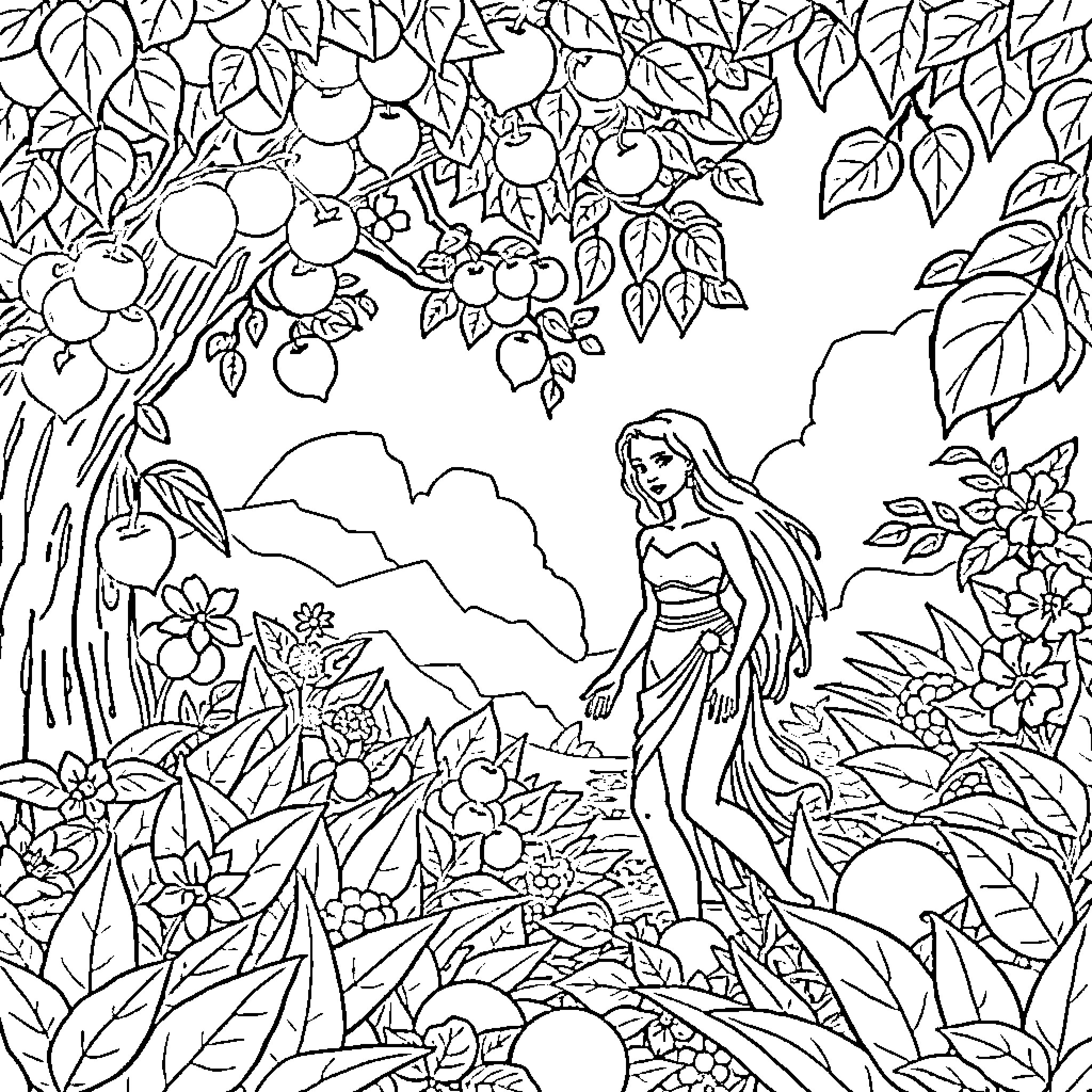 Adam and Eve in the Garden of Eden Coloring Page (free black-and-white line drawing printable PDF for all, from beginners to advanced learners, including children, teens, adults, and seniors)