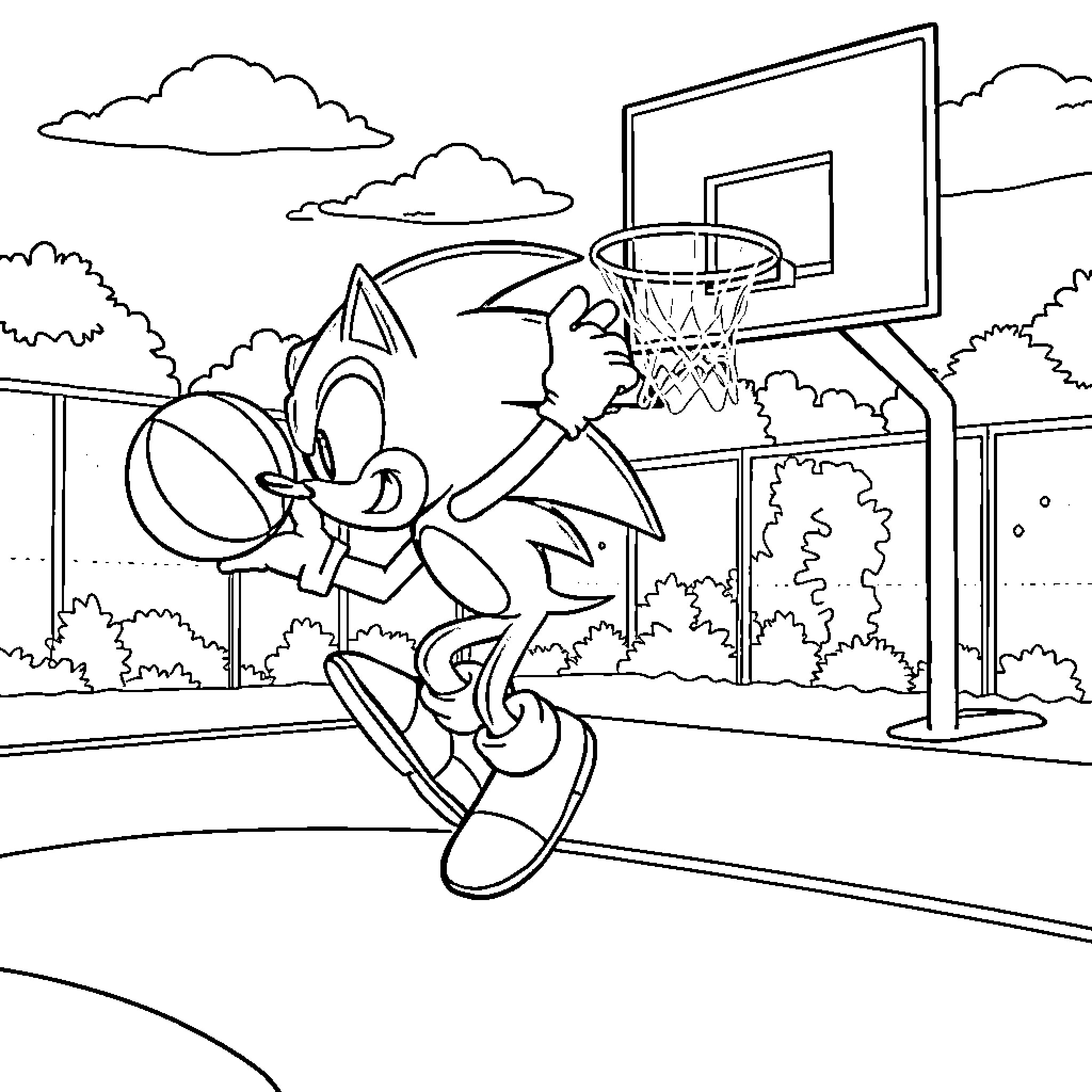 Sonic Playing Basketball on Outdoor Court Coloring Page (free black-and-white line drawing printable PDF for all, from beginners to advanced learners, including children, teens, adults, and seniors)