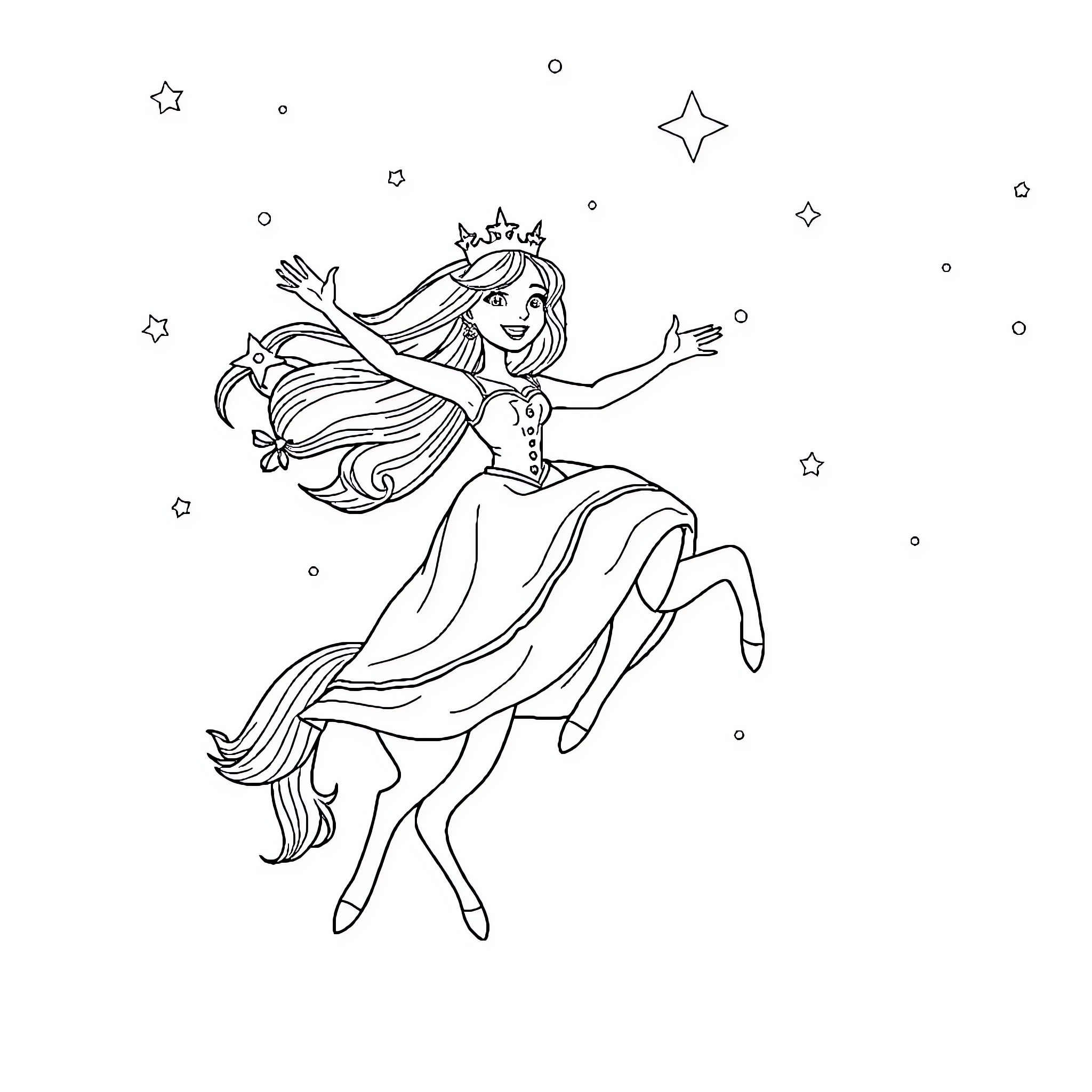 Princess dancing gracefully among the stars Coloring Page (free black-and-white line drawing printable PDF for all, from beginners to advanced learners, including children, teens, adults, and seniors)