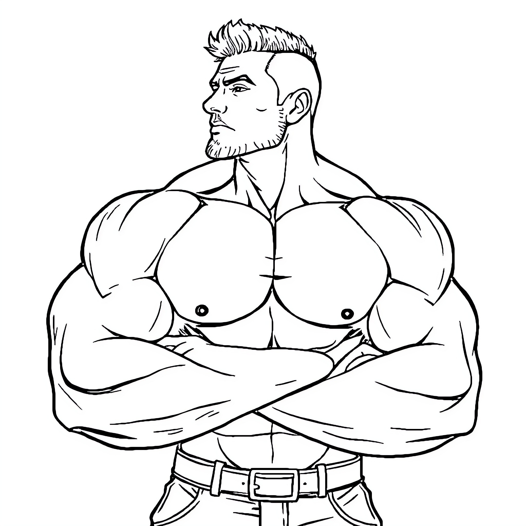 Man with muscular physique and stern expression Coloring Page (free black-and-white line drawing printable PDF for all, from beginners to advanced learners, including children, teens, adults, and seniors)