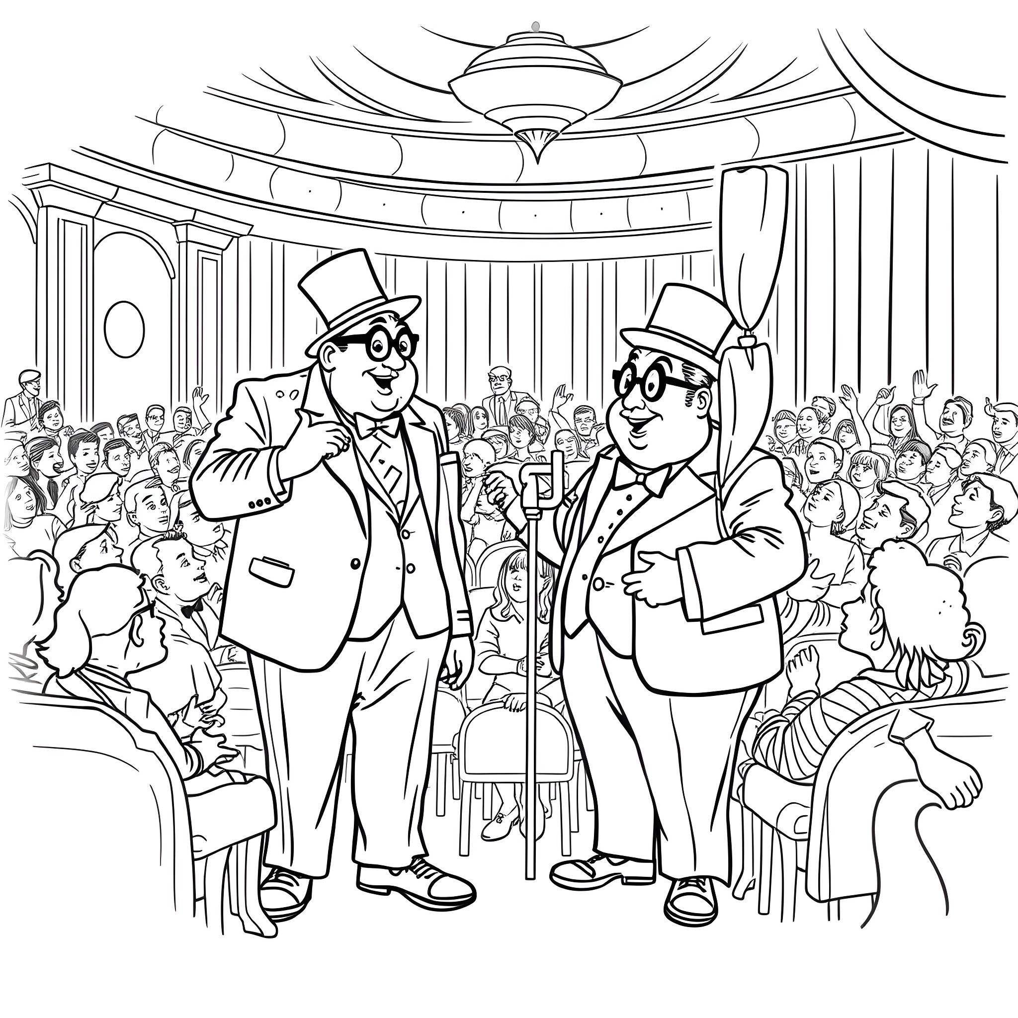 Abbot and Costello Perform on Stage in Front of Audience Coloring Page (free black-and-white line drawing printable PDF for all, from beginners to advanced learners, including children, teens, adults, and seniors)