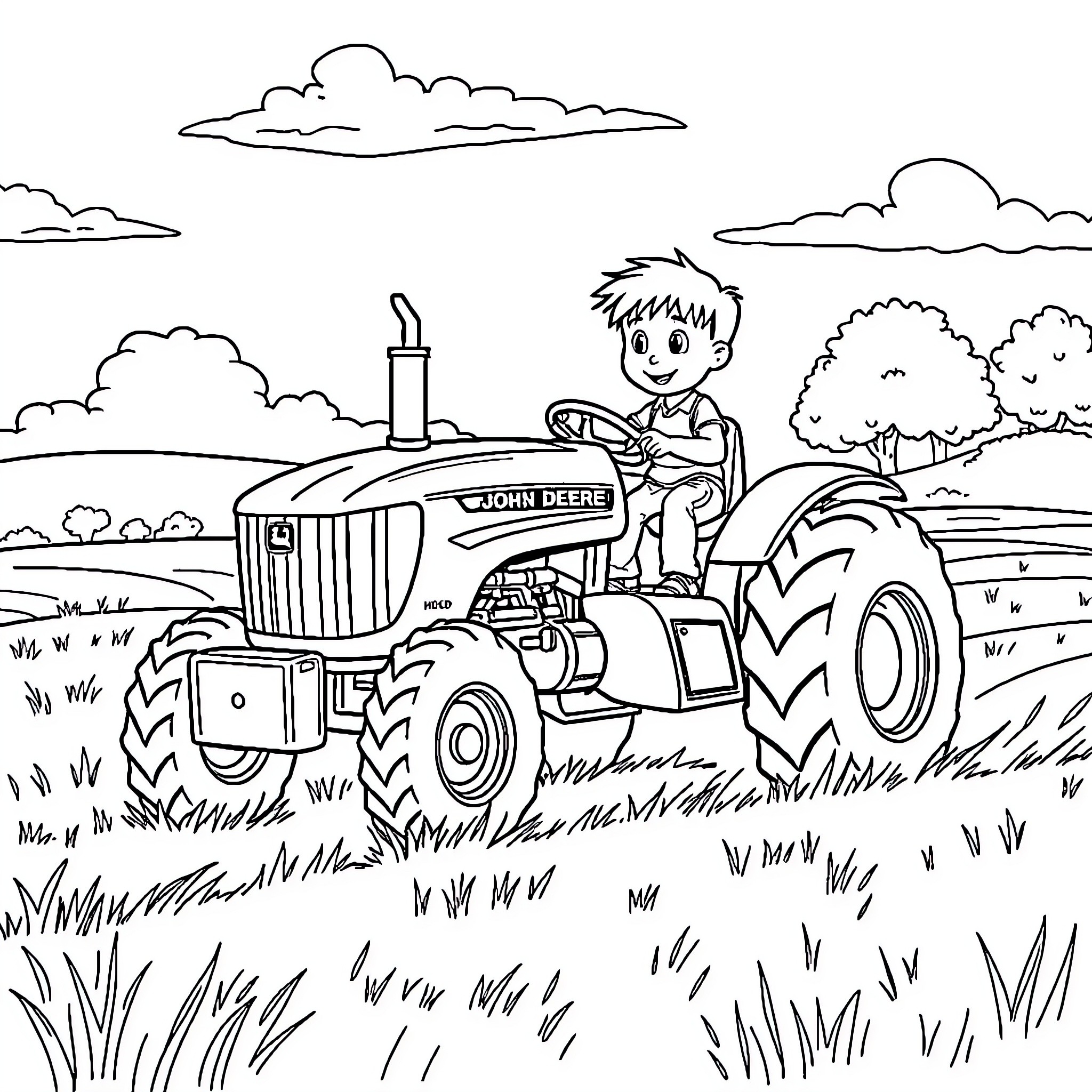 Tractor driver operating machinery in rural landscape Coloring Page (free black-and-white line drawing printable PDF for all, from beginners to advanced learners, including children, teens, adults, and seniors)