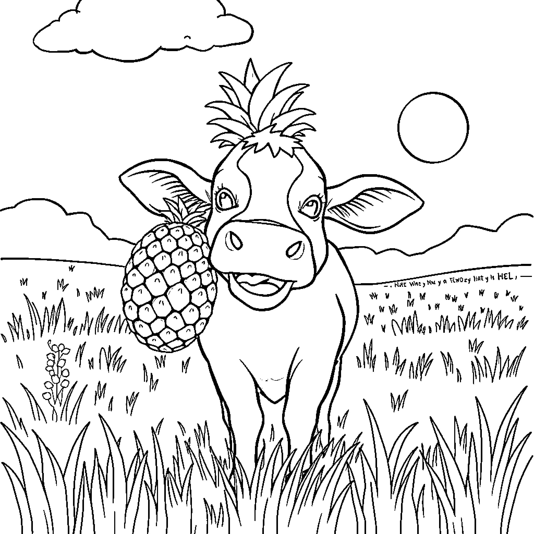 Cow with pineapple headpiece in a grassy field Coloring Page (free black-and-white line drawing printable PDF for all, from beginners to advanced learners, including children, teens, adults, and seniors)