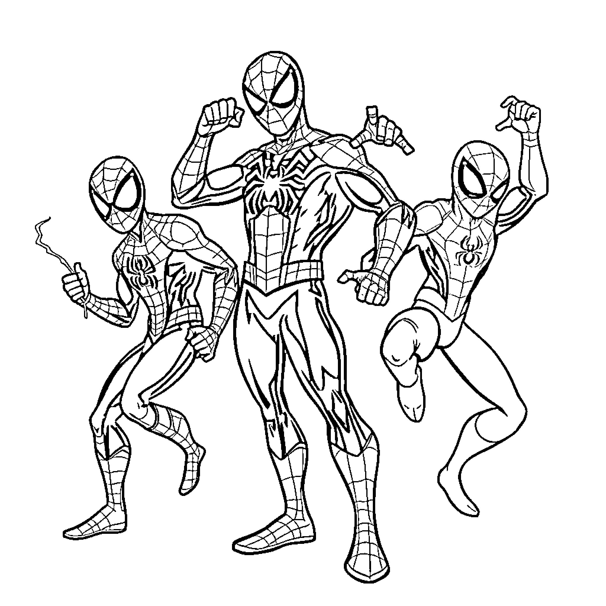 Spider-Man and his Superhero Friends in Action Coloring Page (free black-and-white line drawing printable PDF for all, from beginners to advanced learners, including children, teens, adults, and seniors)