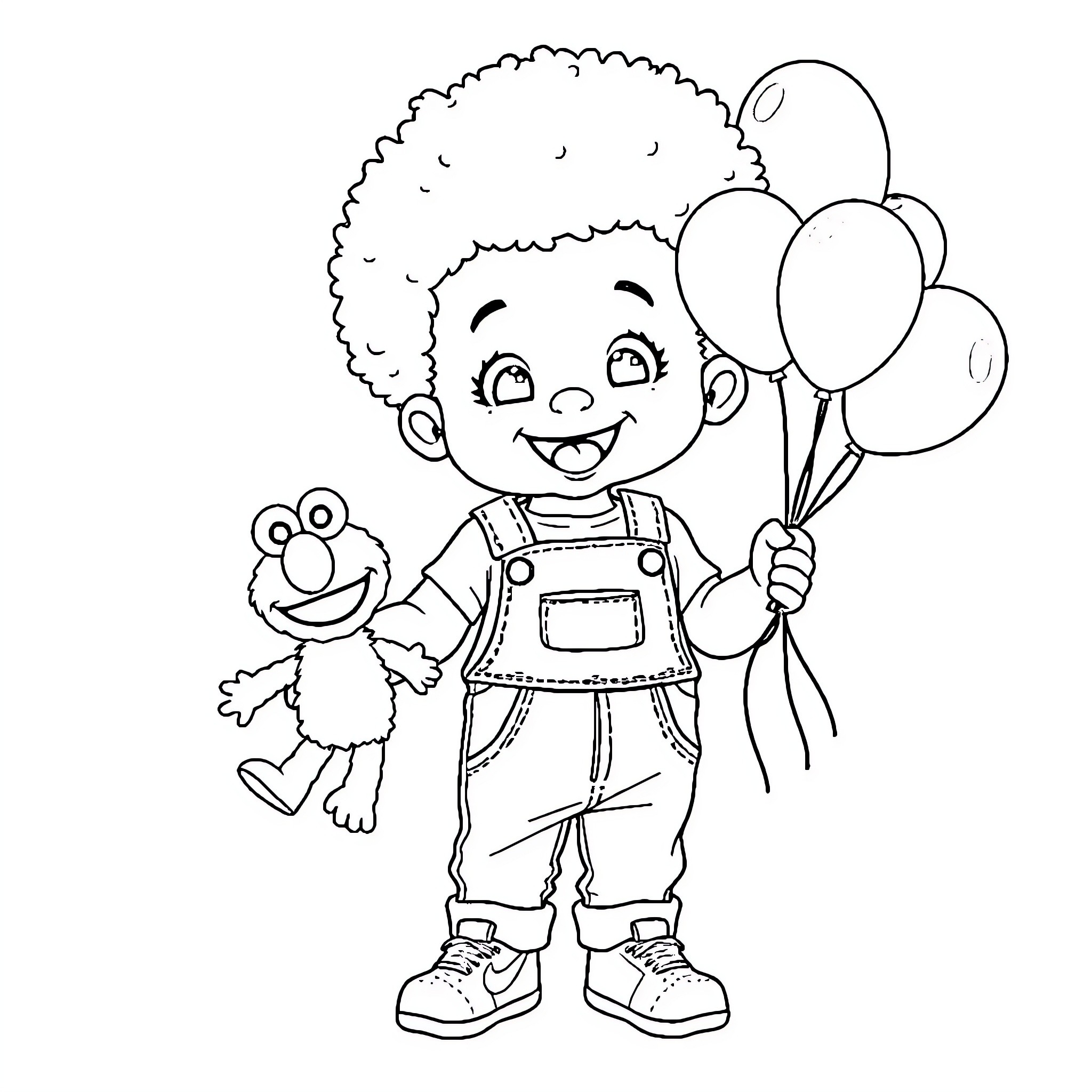 Boy happily holding balloons and stuffed animal Coloring Page (free black-and-white line drawing printable PDF for all, from beginners to advanced learners, including children, teens, adults, and seniors)