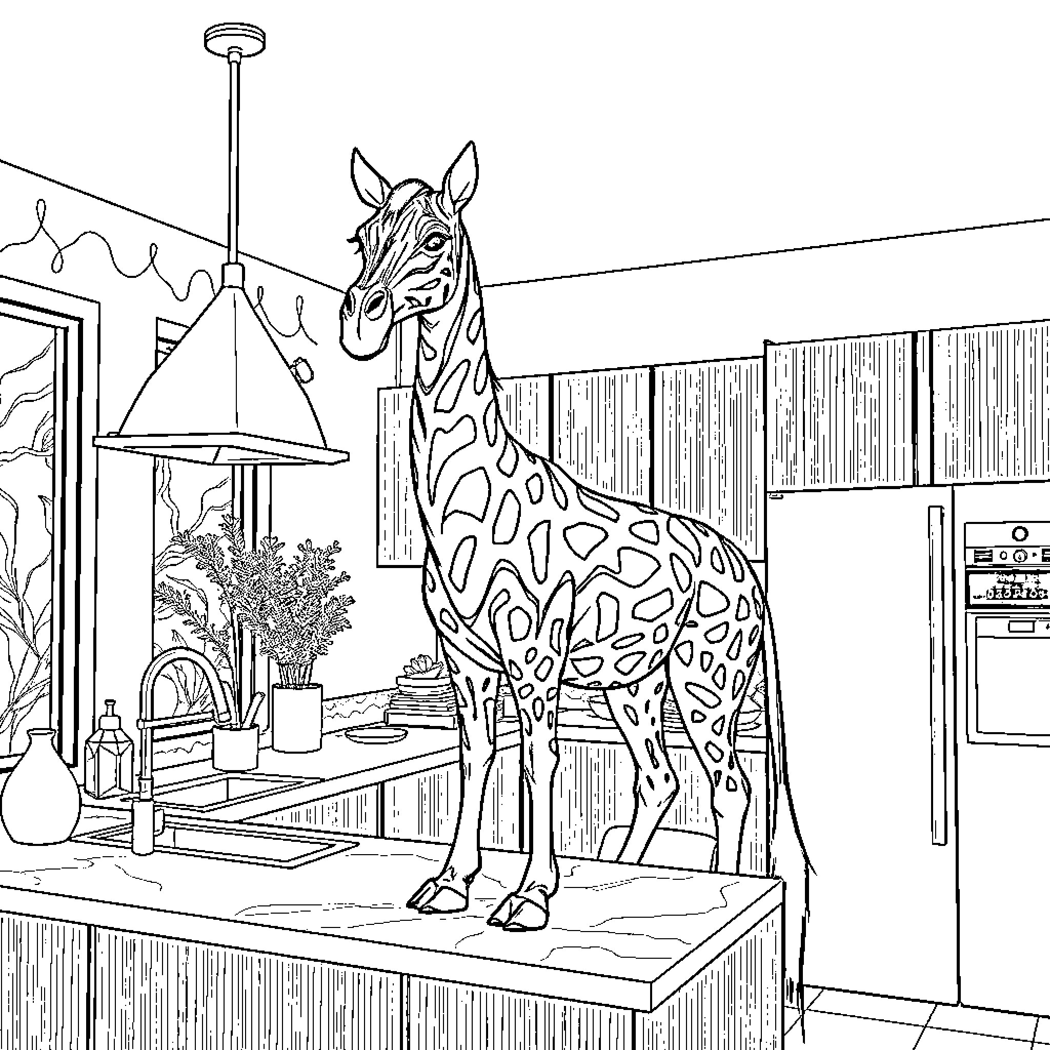 Jirafa wandering curiously in a cozy home Coloring Page (free black-and-white line drawing printable PDF for all, from beginners to advanced learners, including children, teens, adults, and seniors)