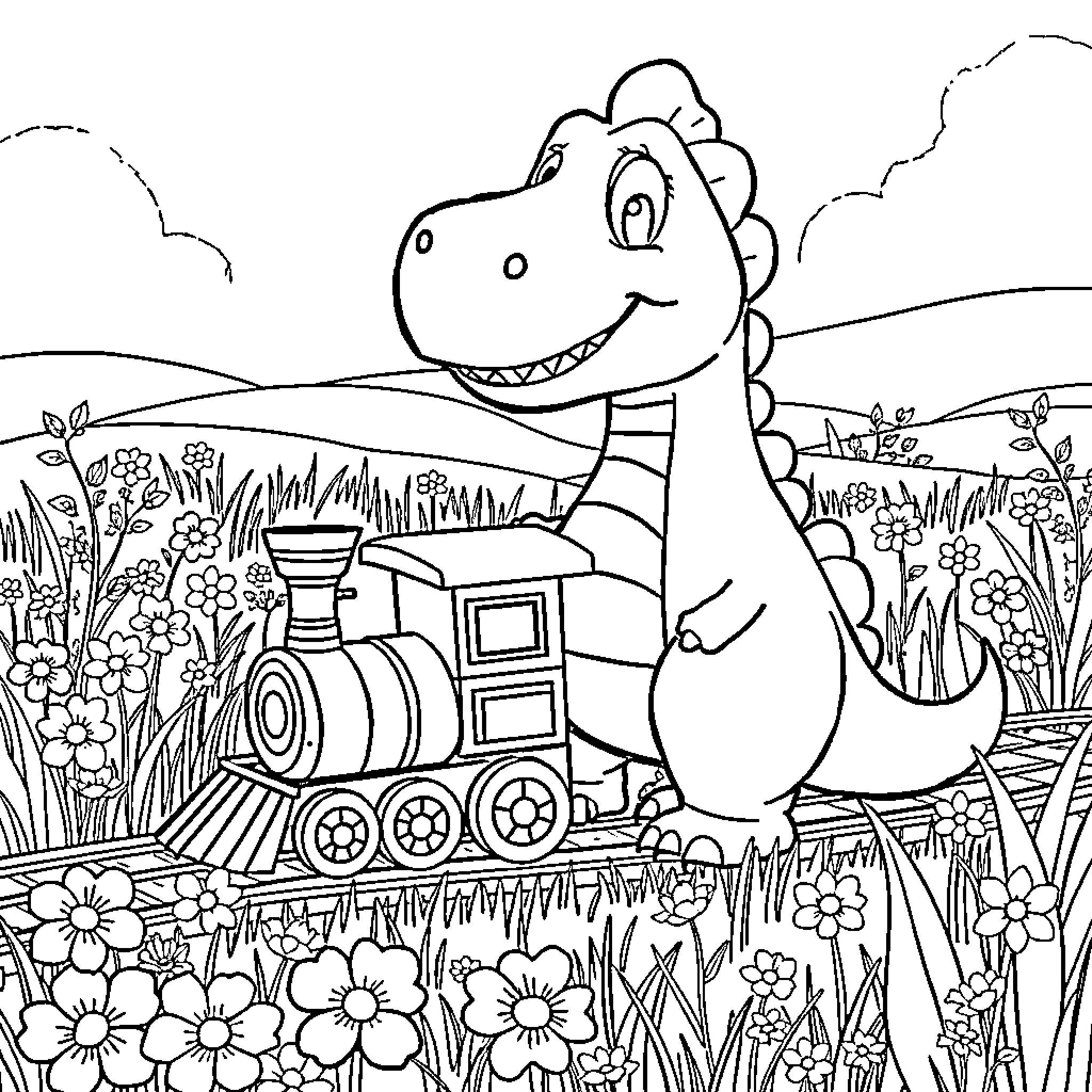 Dinosaur riding a toy train through a floral meadow Coloring Page (free black-and-white line drawing printable PDF for all, from beginners to advanced learners, including children, teens, adults, and seniors)