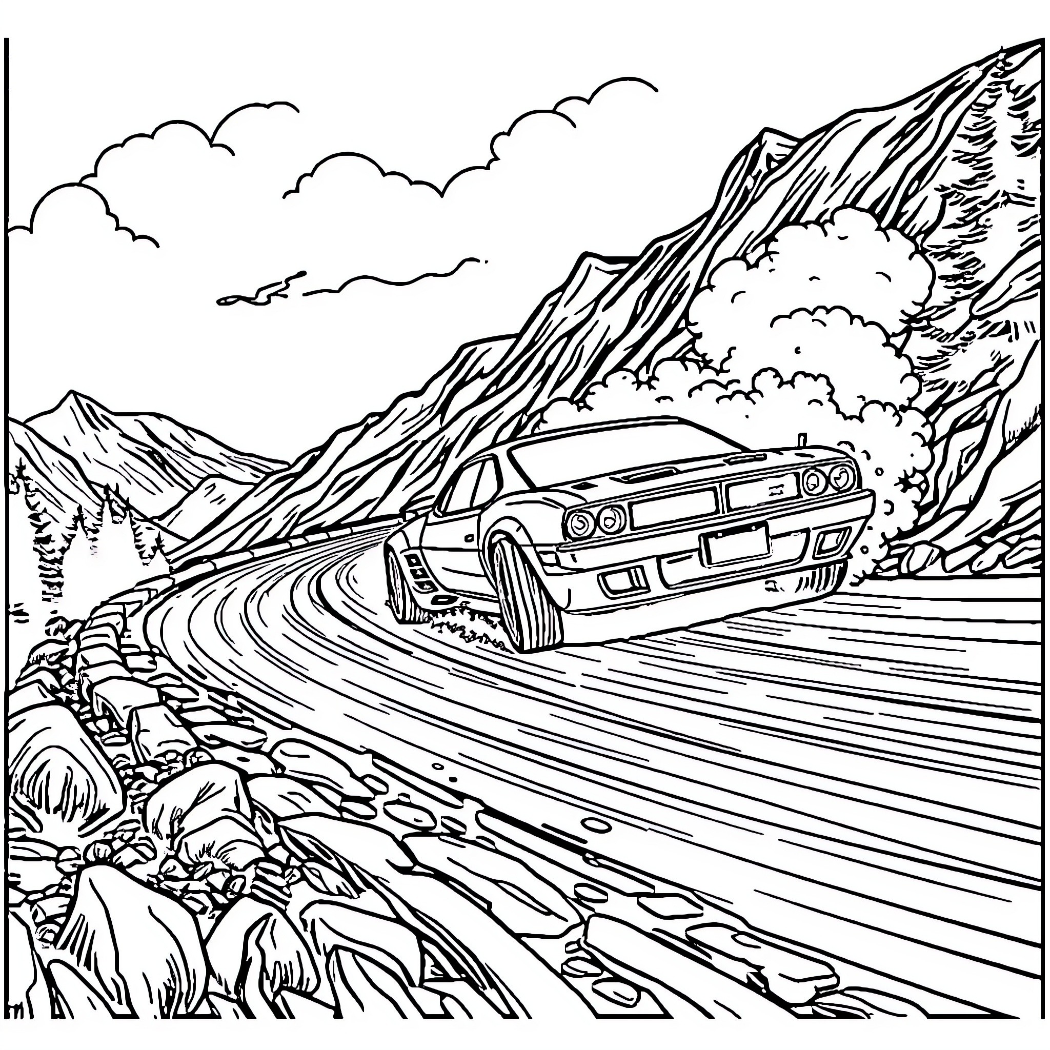 Car speeding through winding mountain road Coloring Page (free black-and-white line drawing printable PDF for all, from beginners to advanced learners, including children, teens, adults, and seniors)