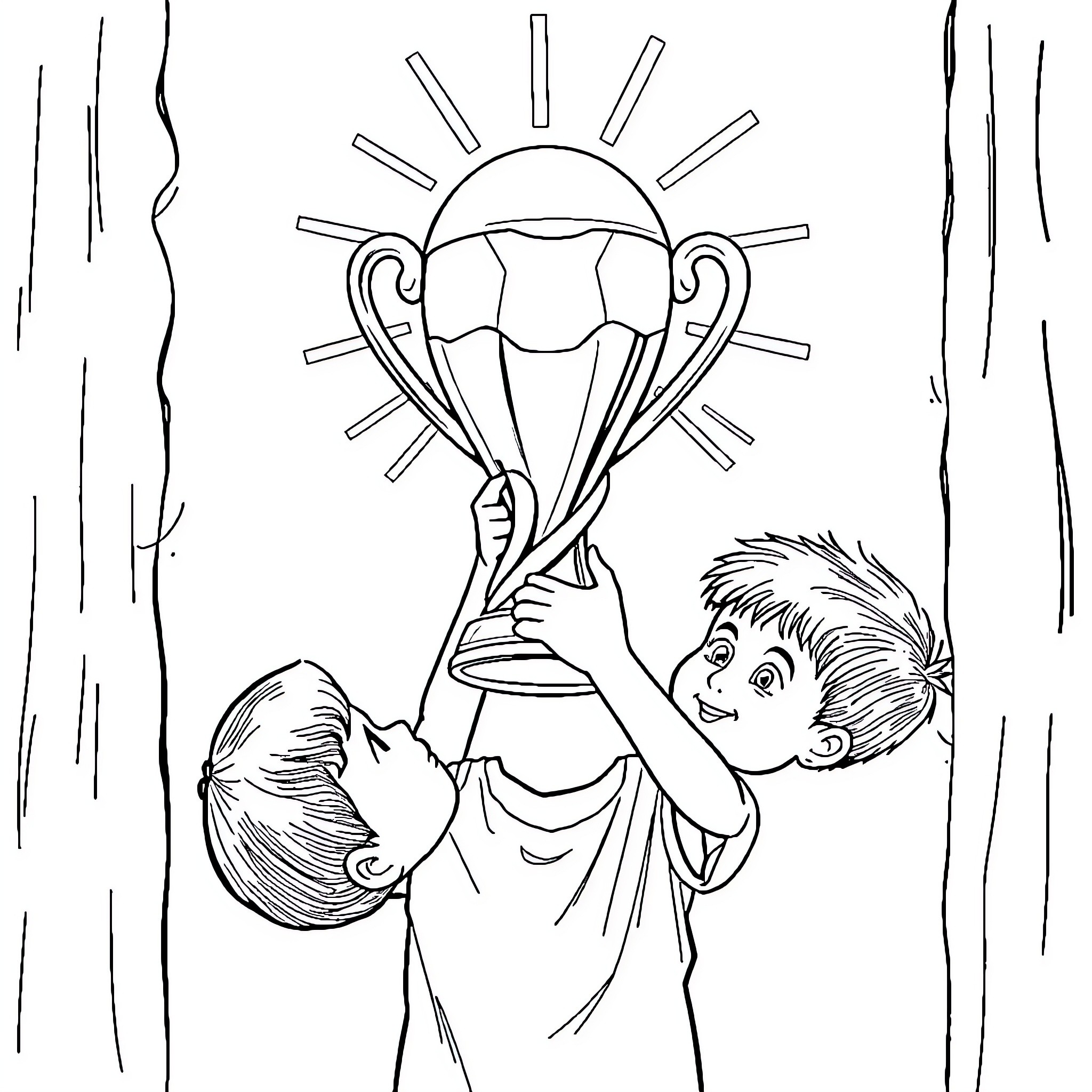 Boy proudly holding up his trophy Coloring Page (free black-and-white line drawing printable PDF for all, from beginners to advanced learners, including children, teens, adults, and seniors)