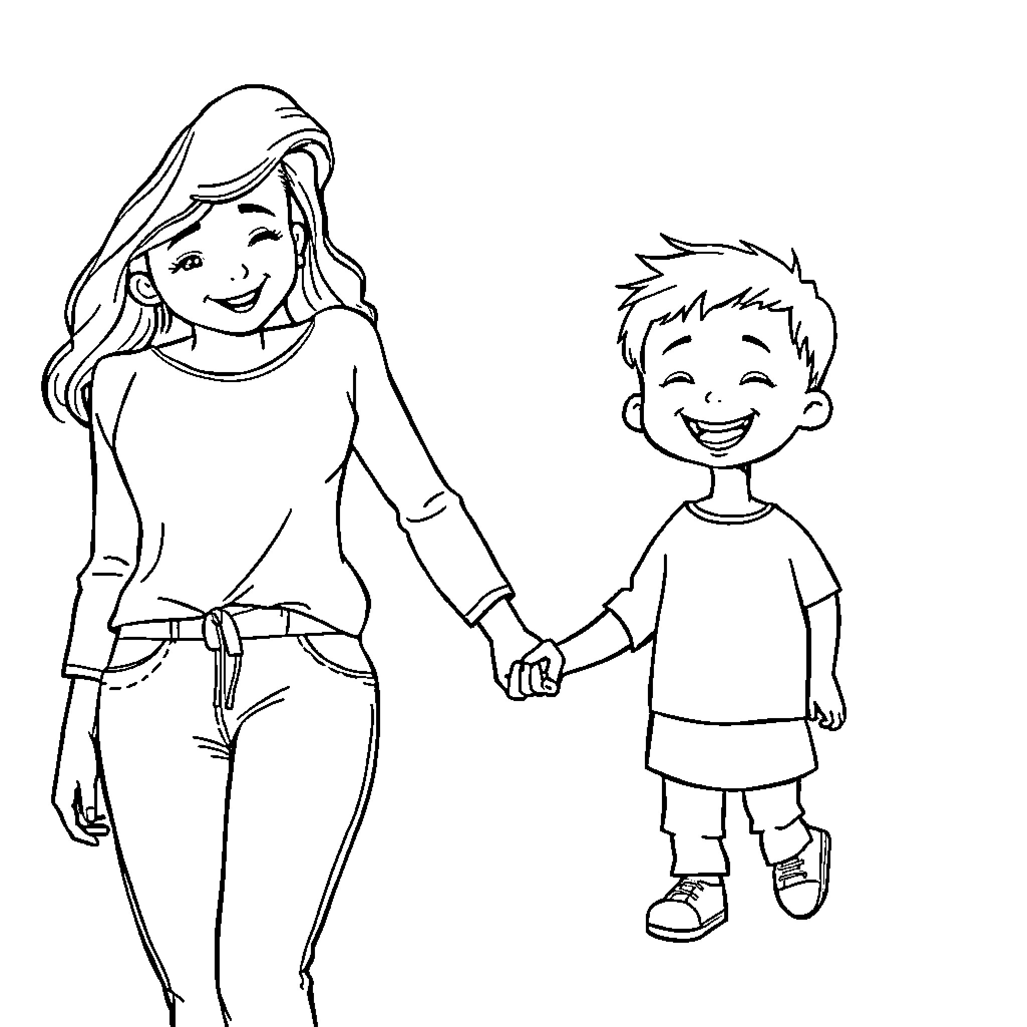 Mother and Child Holding Hands Affectionately Coloring Page (free black-and-white line drawing printable PDF for all, from beginners to advanced learners, including children, teens, adults, and seniors)