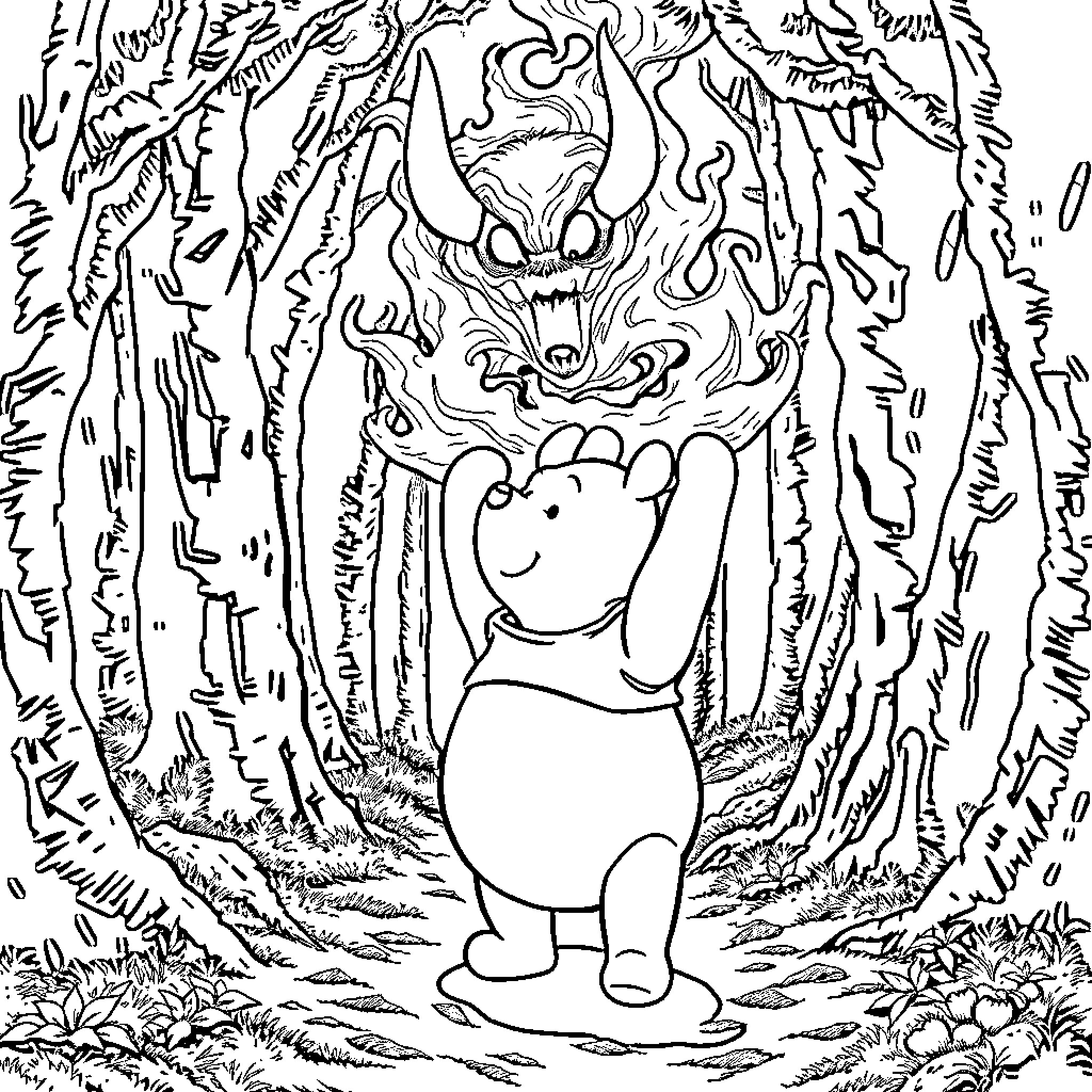 Winnie The Pooh Encounters Spooky Forest Creature Coloring Page (free black-and-white line drawing printable PDF for all, from beginners to advanced learners, including children, teens, adults, and seniors)