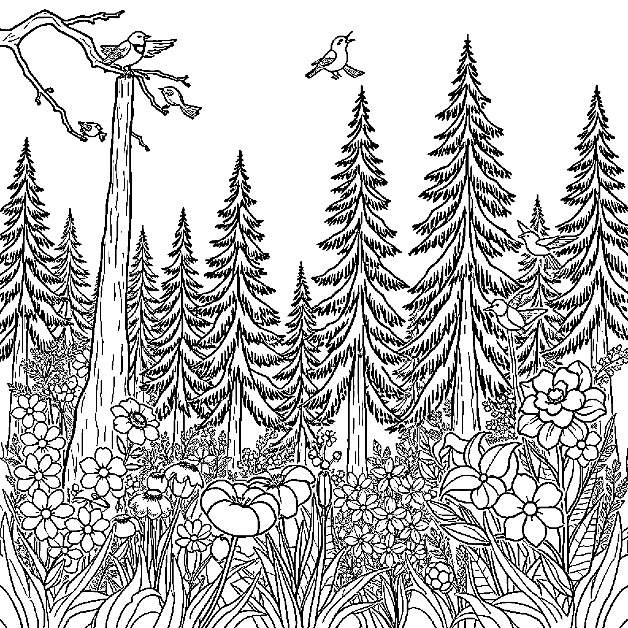 Nature's Enchanting Forest Sanctuary Coloring Page (free black-and-white line drawing printable PDF for all, from beginners to advanced learners, including children, teens, adults, and seniors)