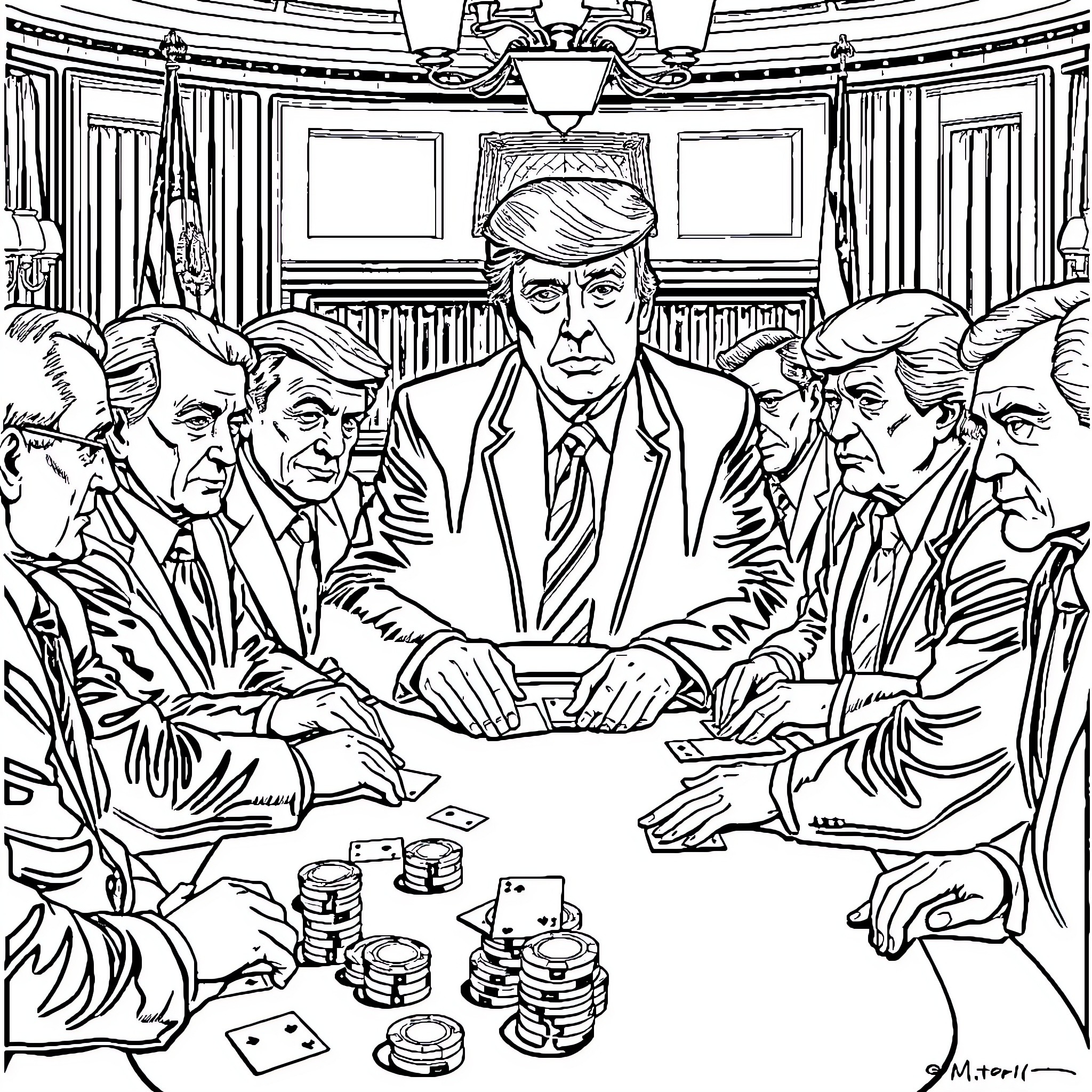 Donald Trump Meeting with Advisors in the Oval Office Coloring Page (free black-and-white line drawing printable PDF for all, from beginners to advanced learners, including children, teens, adults, and seniors)
