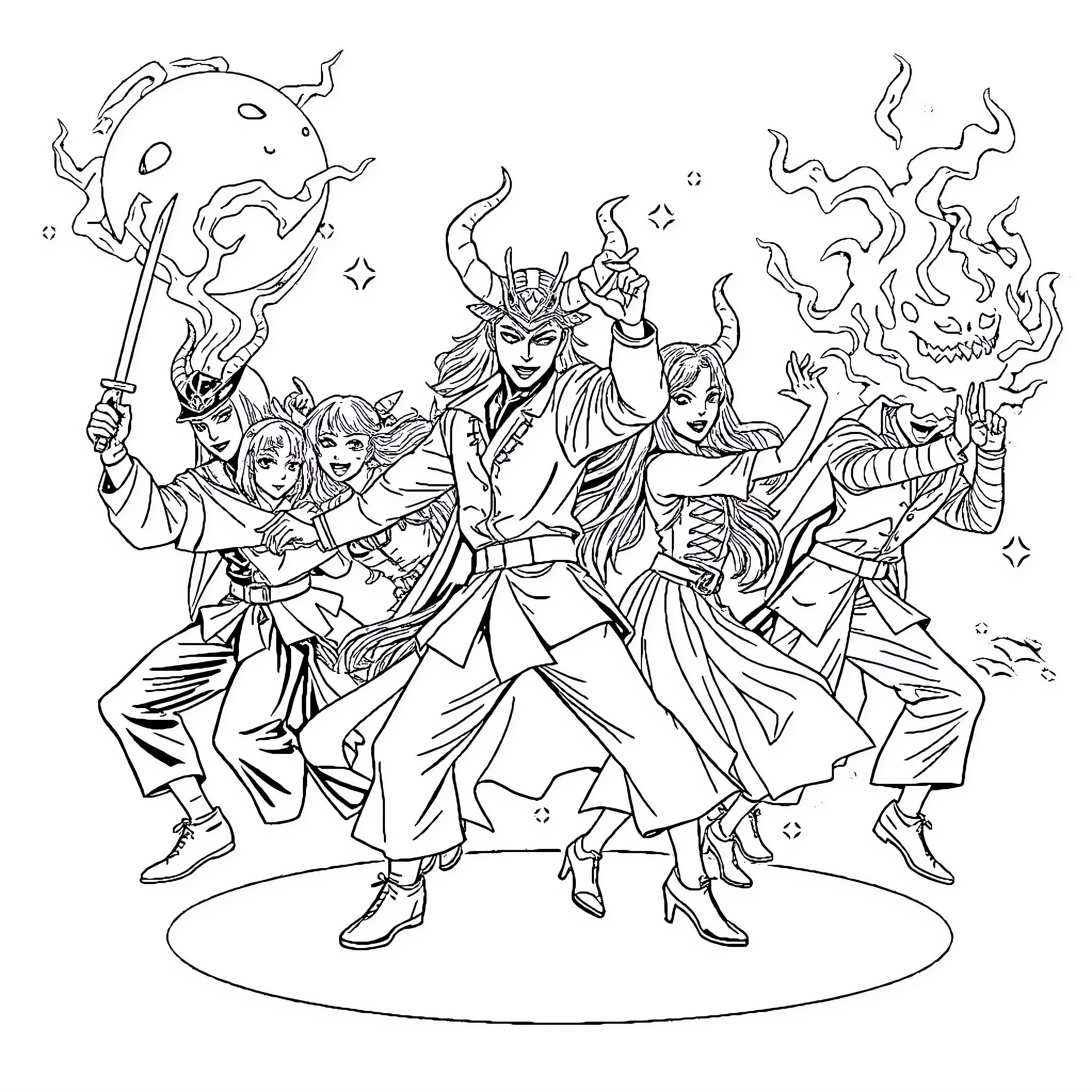 Demon Hunter Faces a Formidable Foe with Allies Coloring Page (free black-and-white line drawing printable PDF for all, from beginners to advanced learners, including children, teens, adults, and seniors)