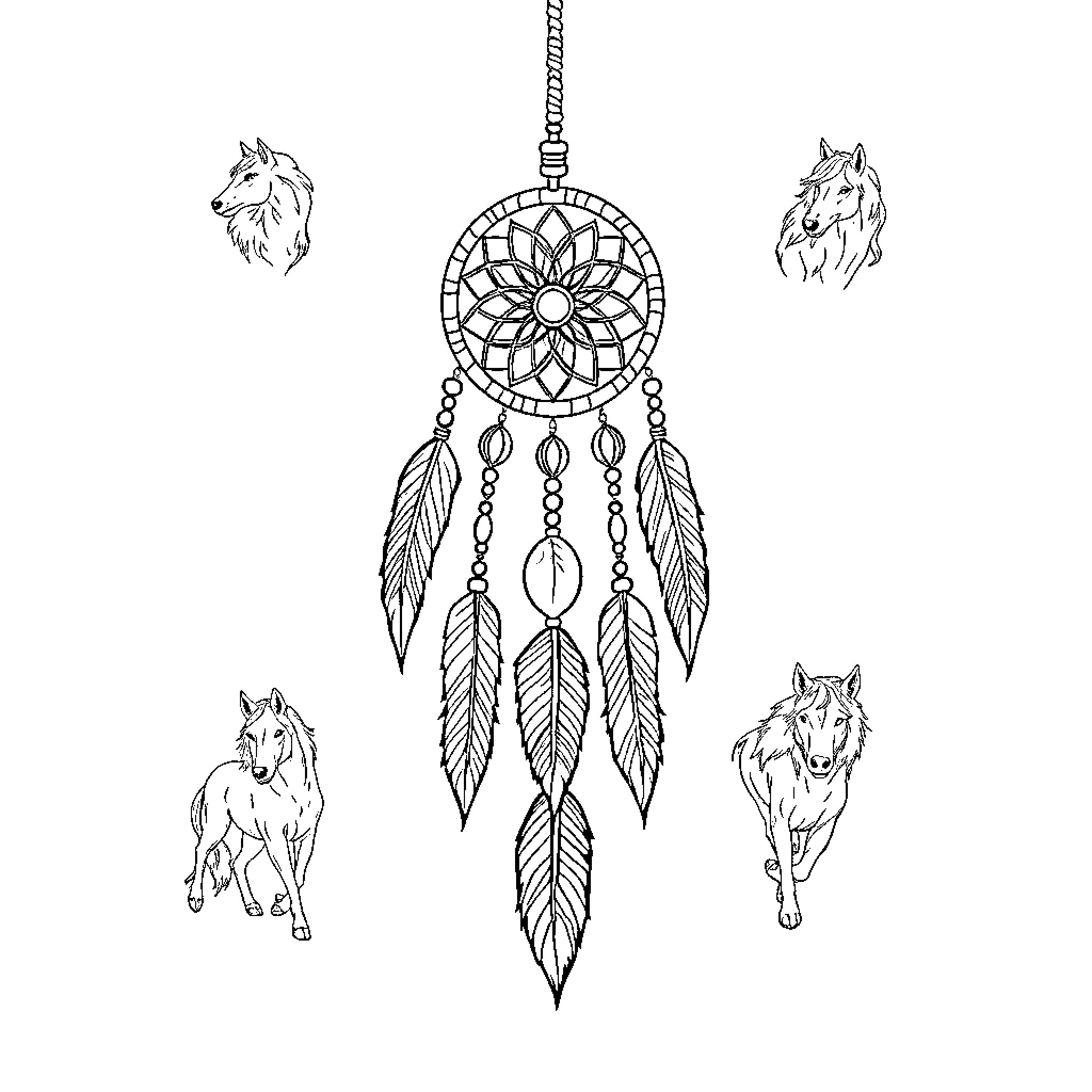 Dream Catcher with Wolves in Outline Coloring Page (free black-and-white line drawing printable PDF for all, from beginners to advanced learners, including children, teens, adults, and seniors)