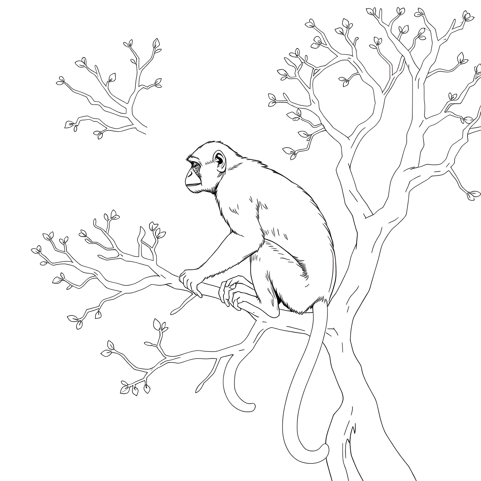Monkey resting on a bare tree branch Coloring Page (free black-and-white line drawing printable PDF for all, from beginners to advanced learners, including children, teens, adults, and seniors)