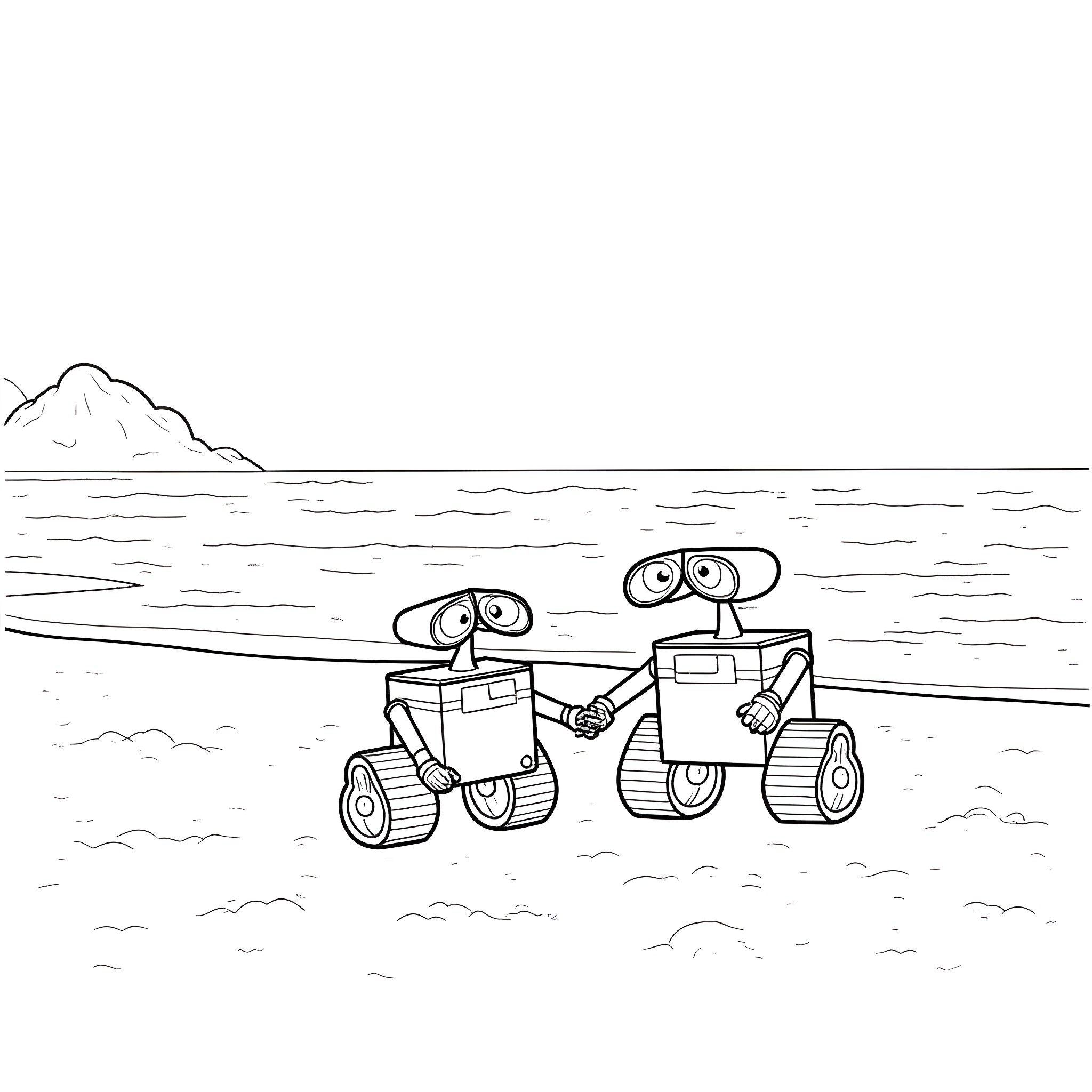 Wall-E and friend explore the desolate landscape Coloring Page (free black-and-white line drawing printable PDF for all, from beginners to advanced learners, including children, teens, adults, and seniors)