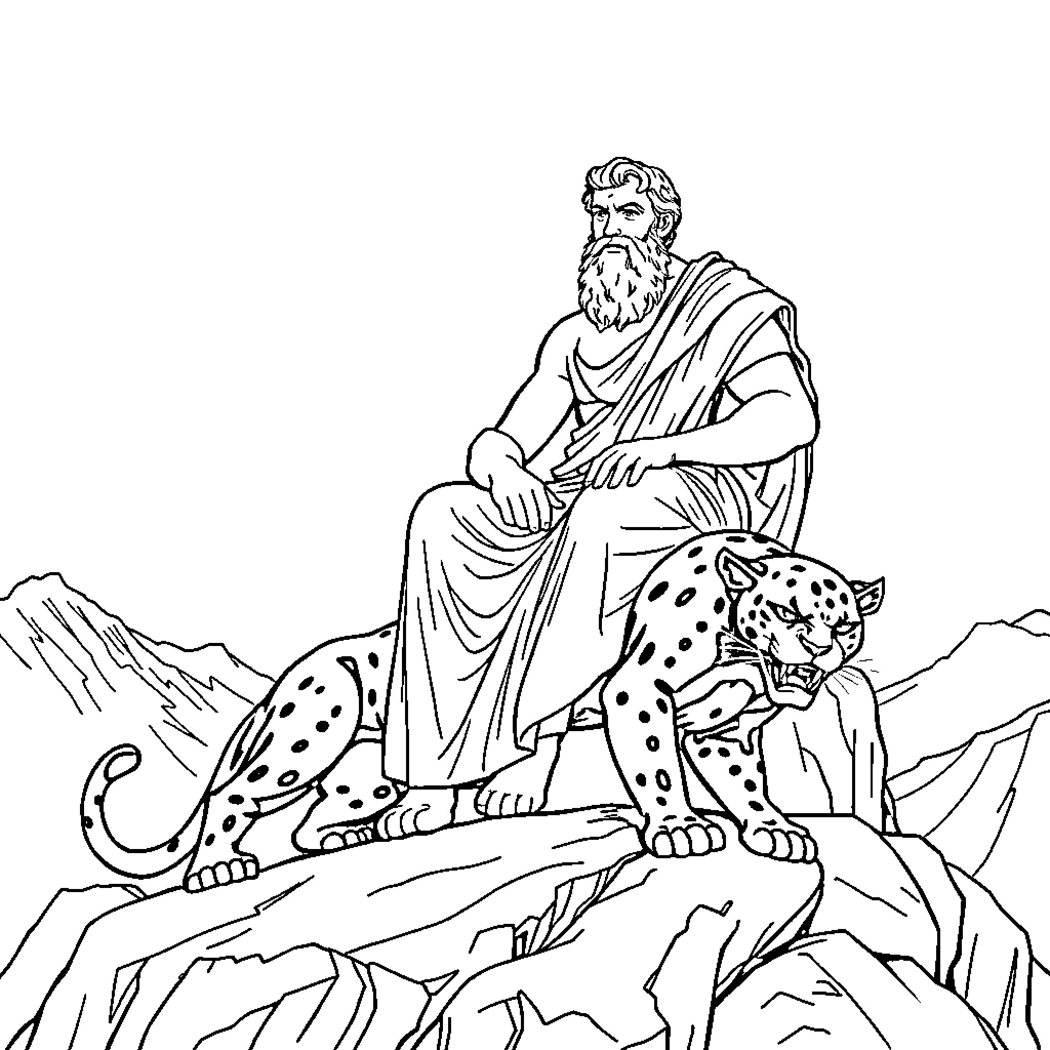 Panther and Philosopher in Mountainous Landscape Coloring Page (free black-and-white line drawing printable PDF for all, from beginners to advanced learners, including children, teens, adults, and seniors)