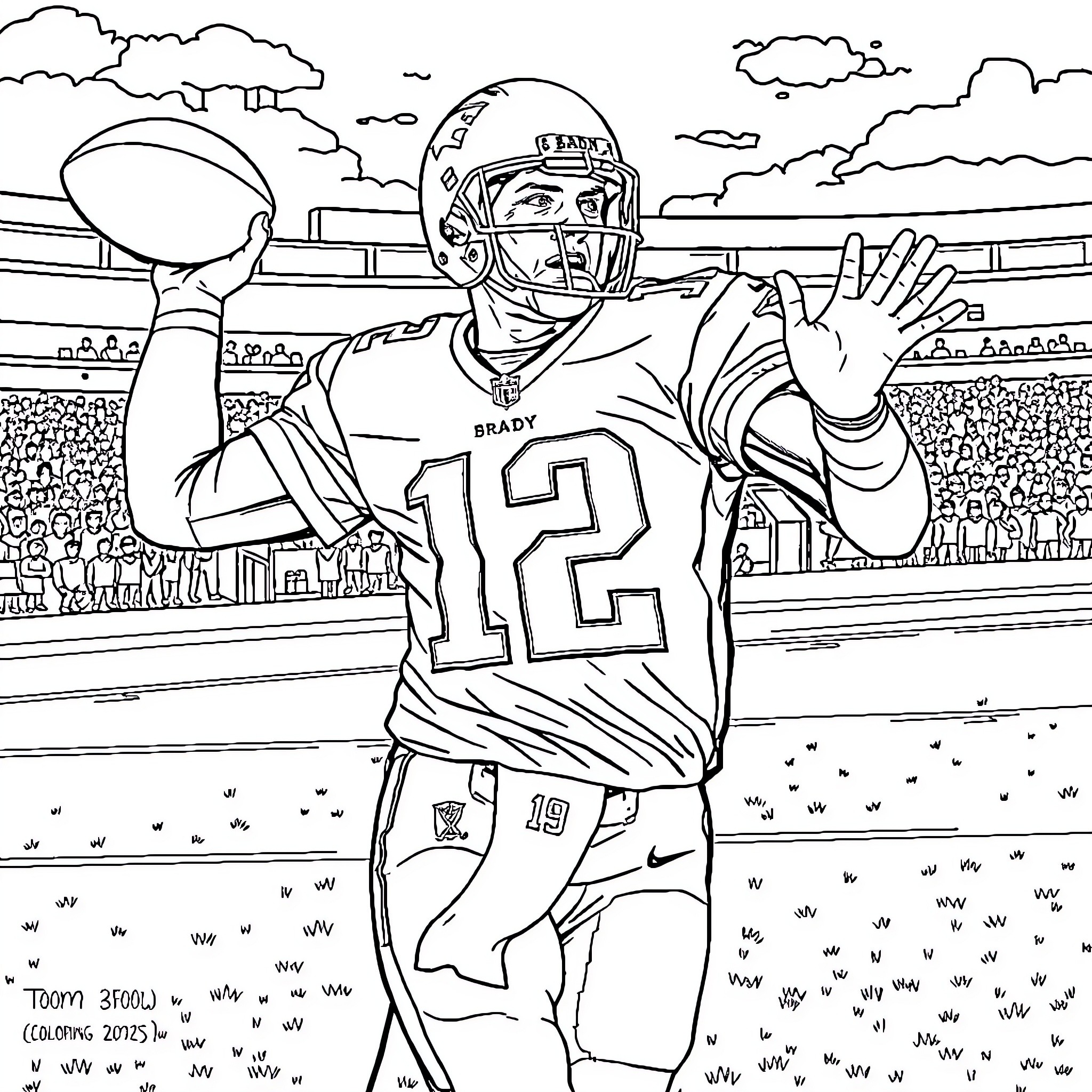 Tom Brady celebrating after winning a football game Coloring Page (free black-and-white line drawing printable PDF for all, from beginners to advanced learners, including children, teens, adults, and seniors)