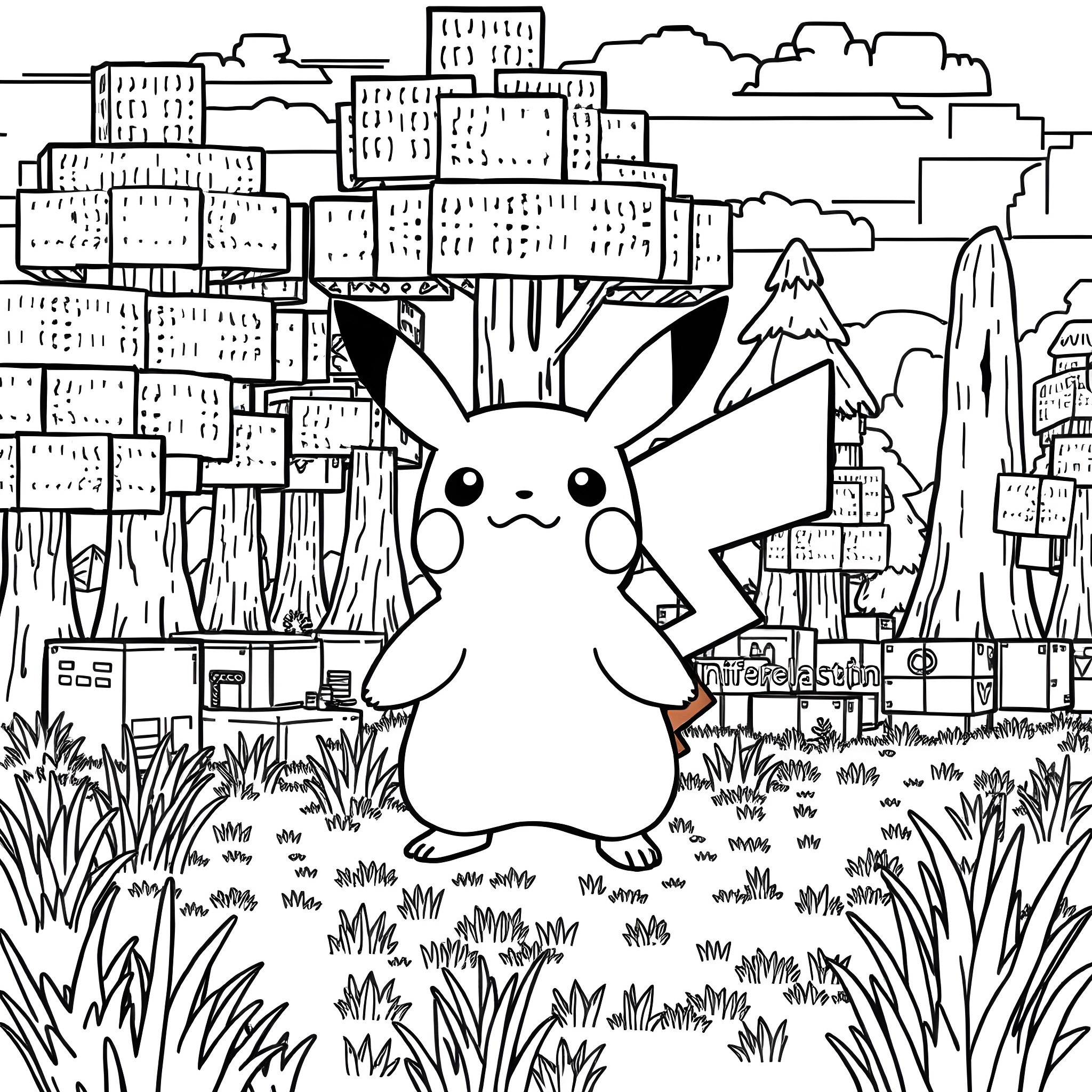 Pikachu exploring the city landscape Coloring Page (free black-and-white line drawing printable PDF for all, from beginners to advanced learners, including children, teens, adults, and seniors)