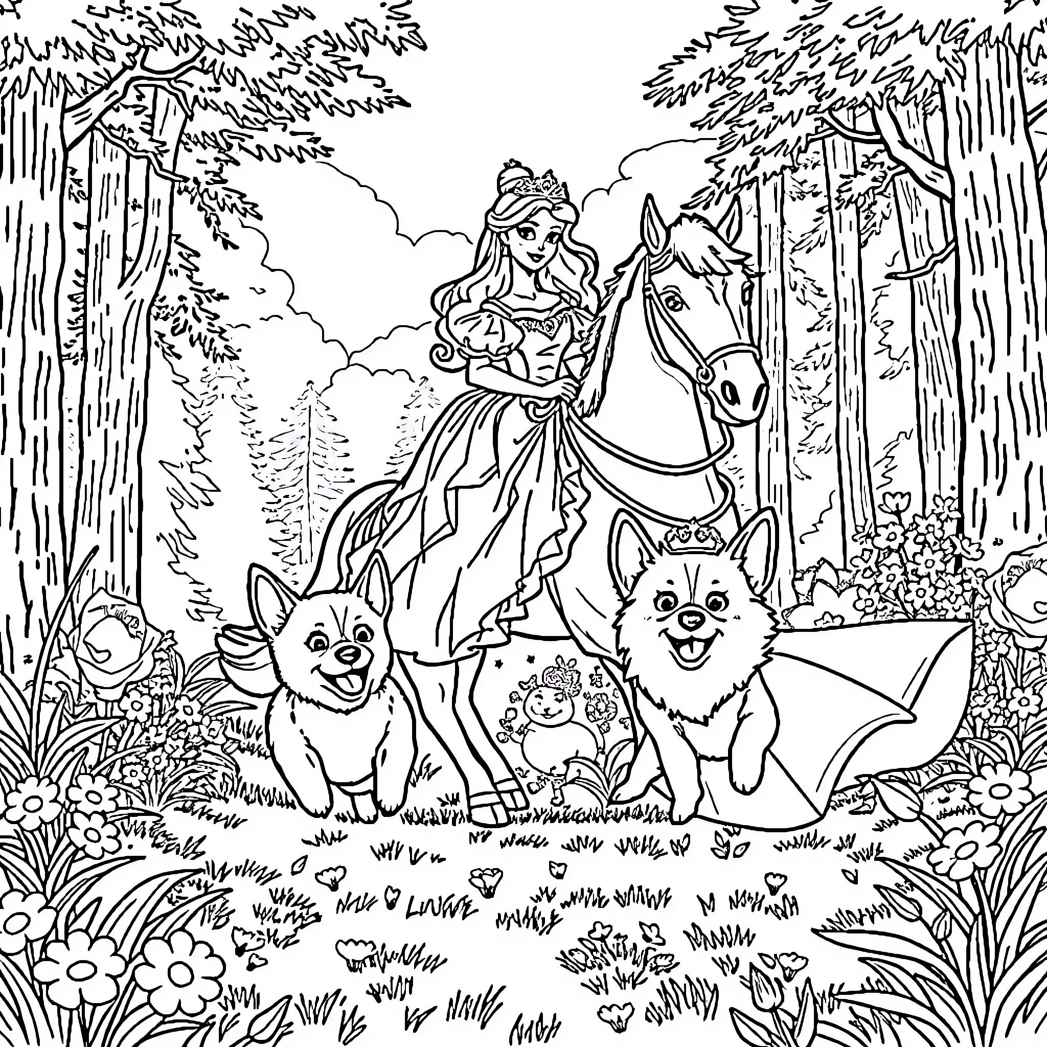 Corgi companions in a fantasy forest adventure Coloring Page (free black-and-white line drawing printable PDF for all, from beginners to advanced learners, including children, teens, adults, and seniors)