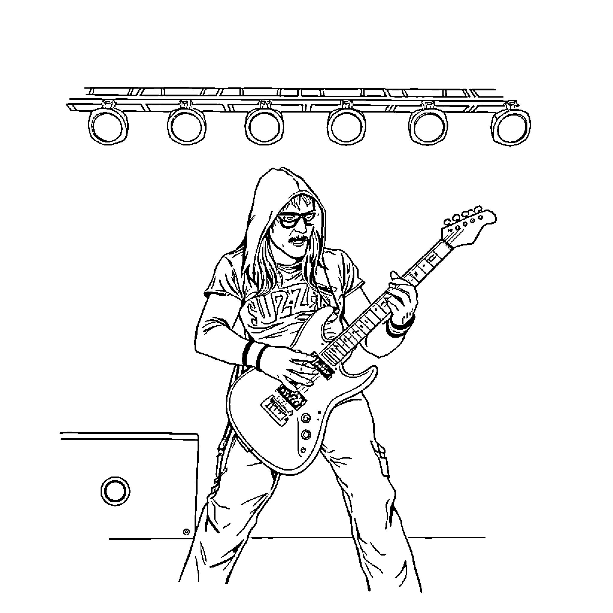 Sub Zero Electric Guitar Performance Coloring Page (free black-and-white line drawing printable PDF for all, from beginners to advanced learners, including children, teens, adults, and seniors)