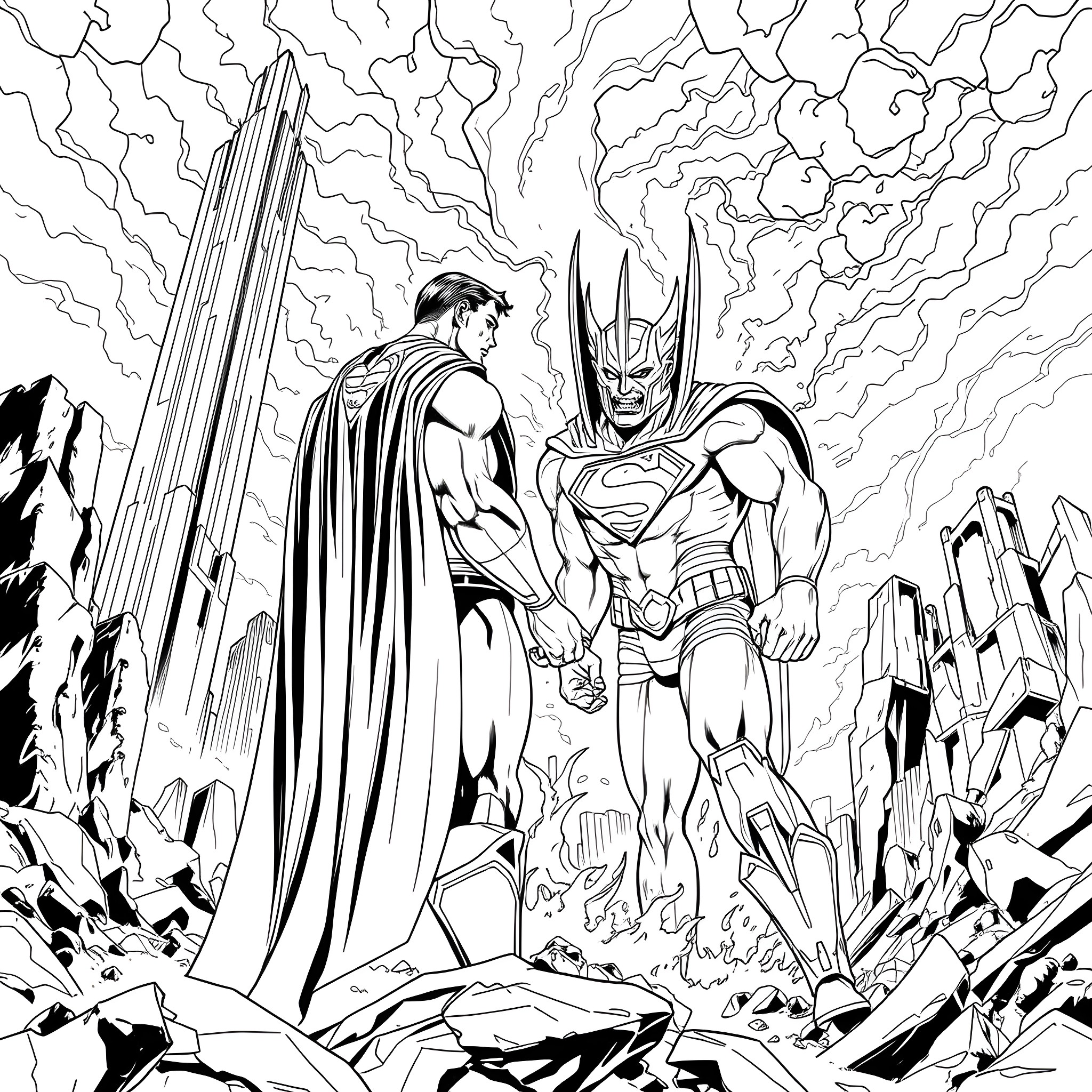 Superman and Batman in an epic battle Coloring Page (free black-and-white line drawing printable PDF for all, from beginners to advanced learners, including children, teens, adults, and seniors)