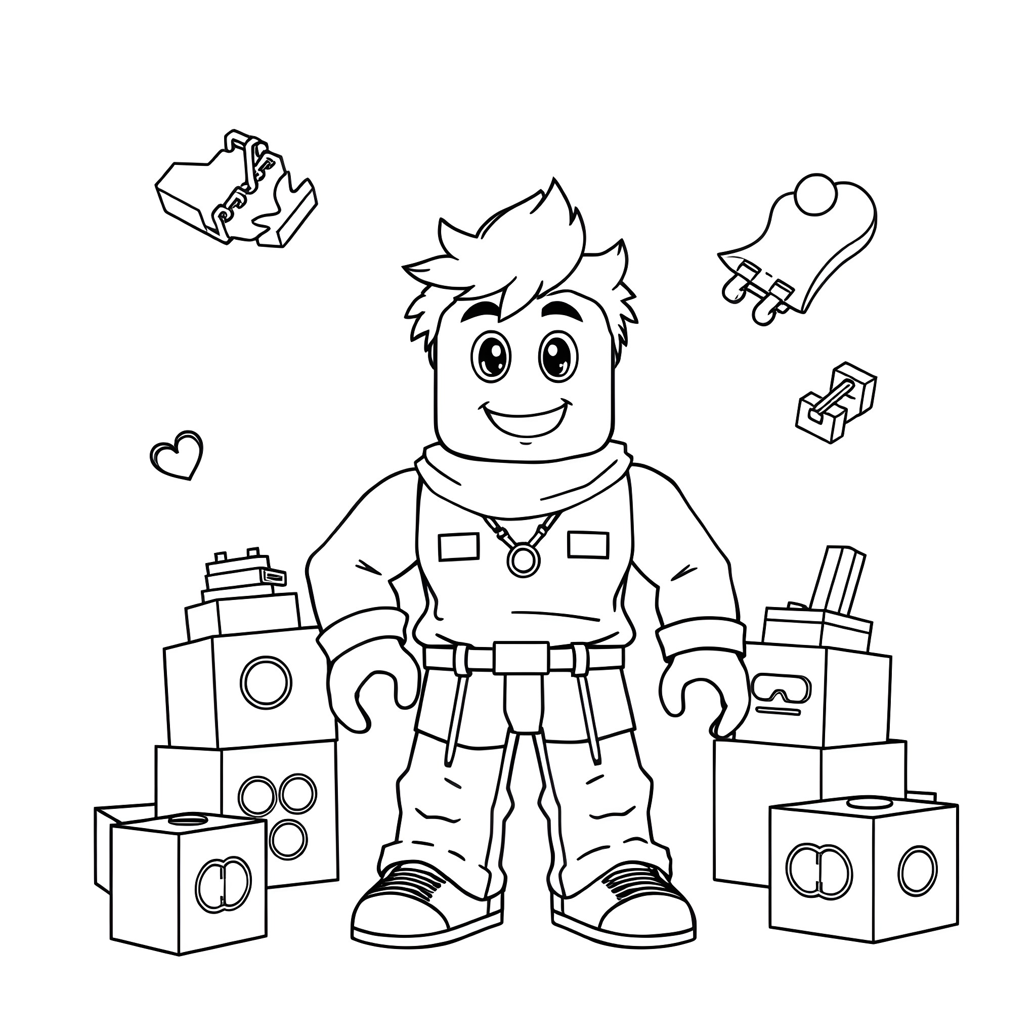 Roblox Noob in Playful Pose with Toys Coloring Page (free black-and-white line drawing printable PDF for all, from beginners to advanced learners, including children, teens, adults, and seniors)