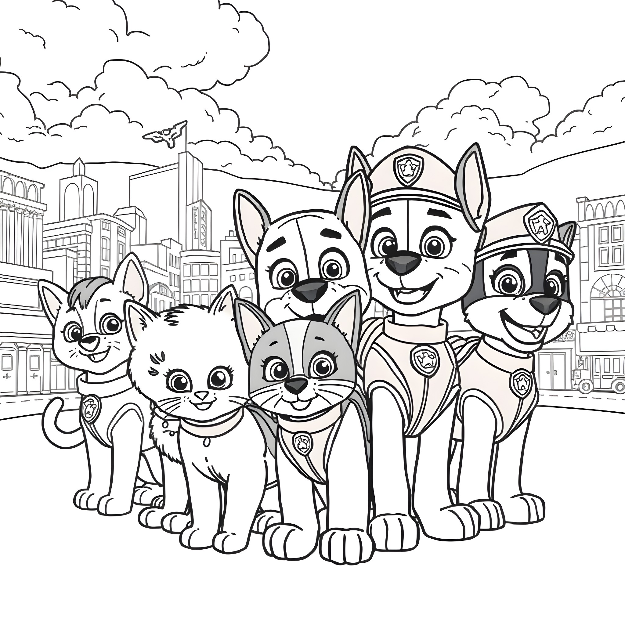 Paw Patrol pups in the city Coloring Page (free black-and-white line drawing printable PDF for all, from beginners to advanced learners, including children, teens, adults, and seniors)